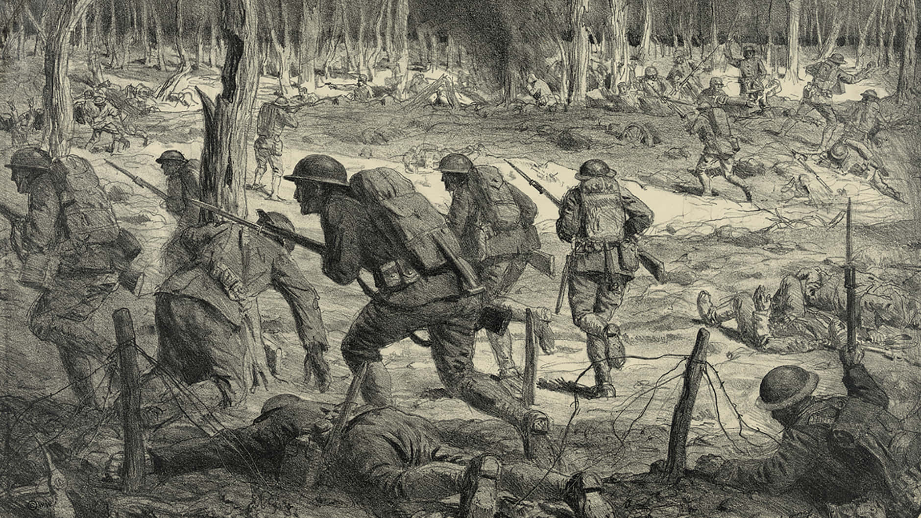 「勿忘戰爭的代價」 壁紙 — 士兵們穿過一片滿是倒下的戰友和折斷樹木的毀滅性森林戰場前進。
