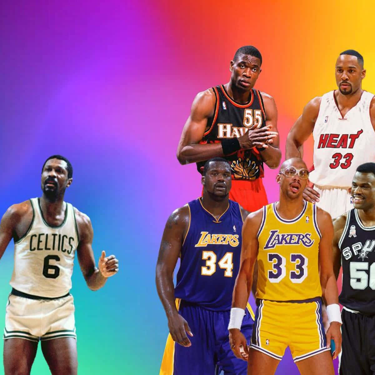 包括大衛·羅賓遜在內的籃球傳奇球星 壁紙 — 六位標誌性NBA傳奇人物身穿復古球隊球衣，站在鮮豔的彩虹漸變背景前。