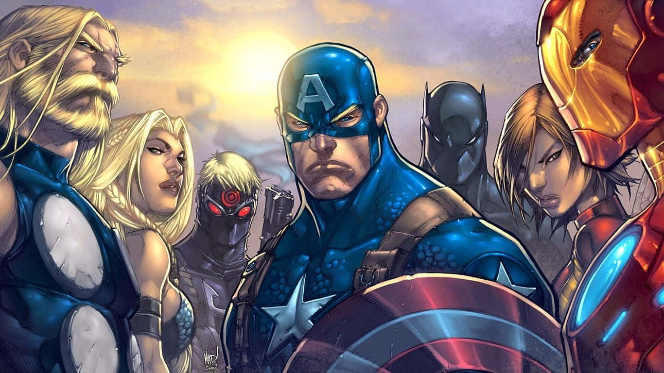 1366x768 marvel 桌布 壁紙 — 包括美國隊長、雷神和鐵甲奇俠在內的Marvel超級英雄英勇列陣，在戲劇性的日落天空下團結一致。