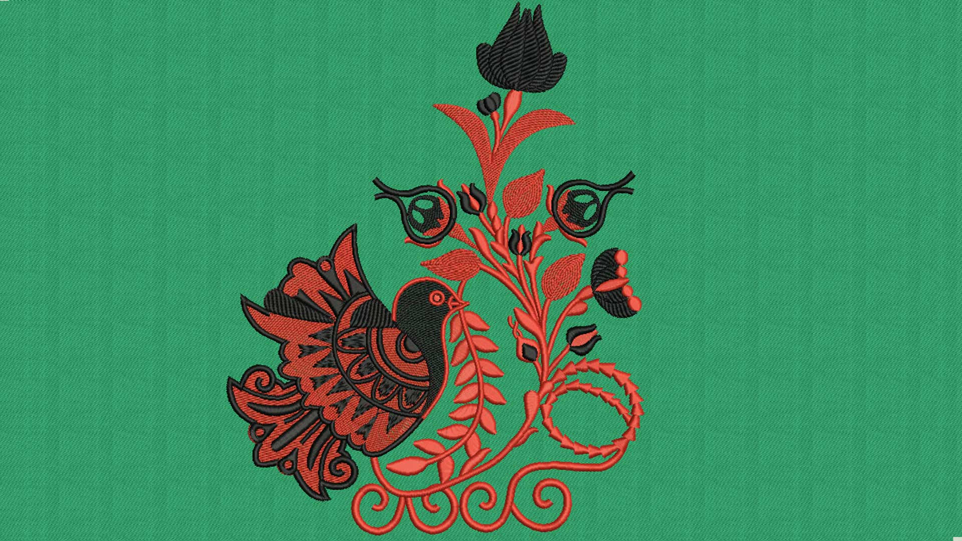匈牙利鳥類民間藝術圖案 壁紙 — 一隻風格化的紅黑刺繡鳥棲息在花卉藤蔓上，背景為有紋理的青綠色布料。