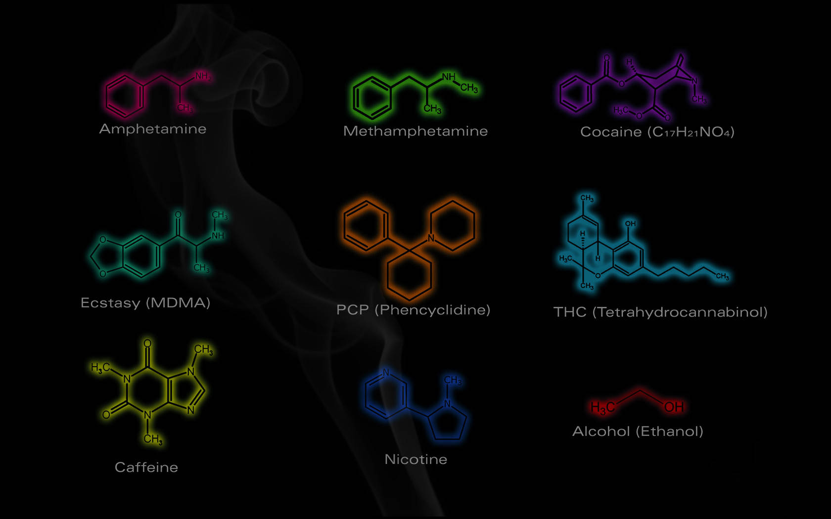 化學：可卡因與MDMA分子式 壁紙 — 藥物和物質的發光化學結構在黑色背景上漂浮，背後有煙霧旋轉。