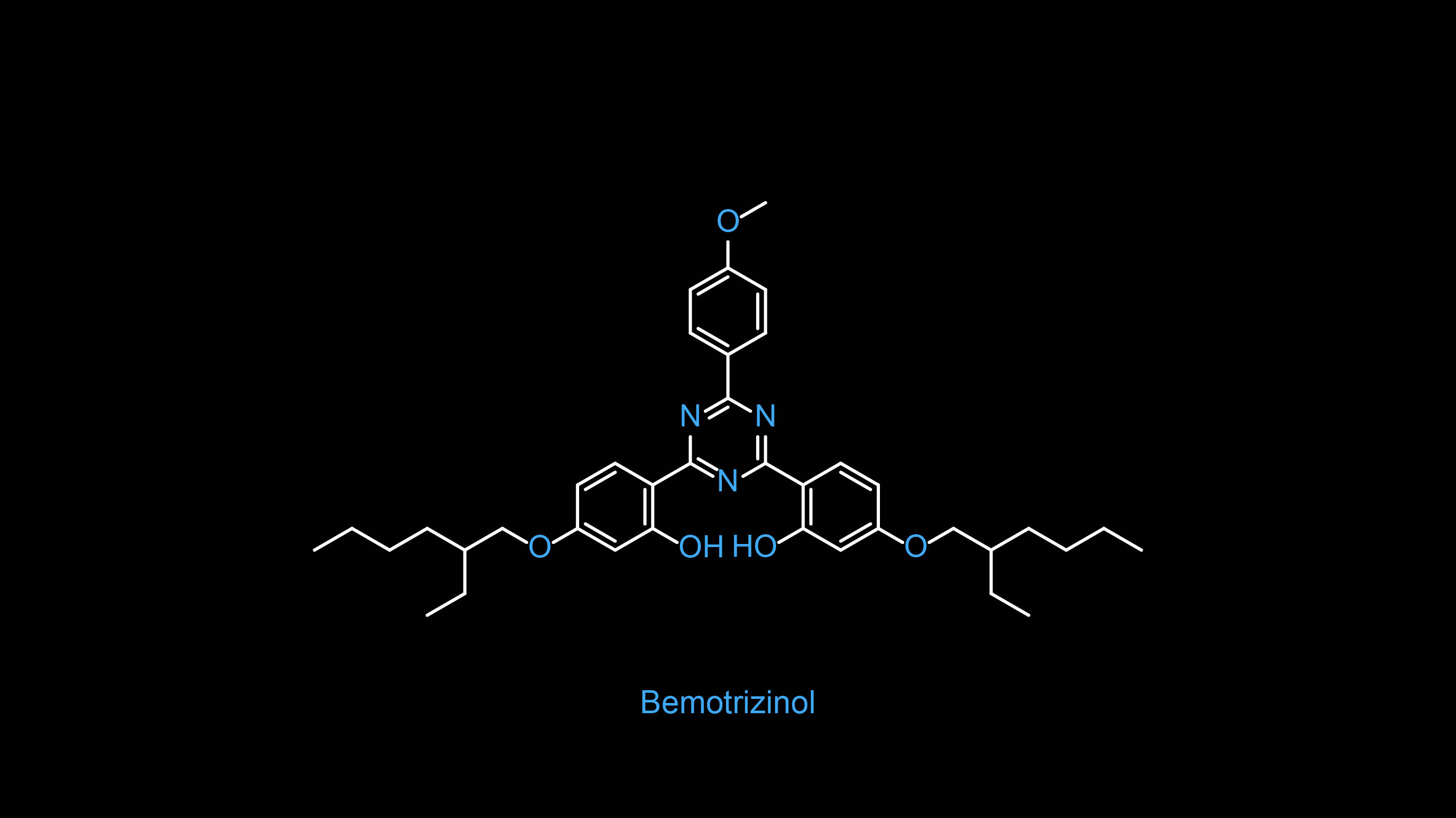 化學之美：Bemotrizinol 化學公式 壁紙 — 在黑色背景上顯示帶有藍色文字標籤的白色 Bemotrizinol 分子結構。