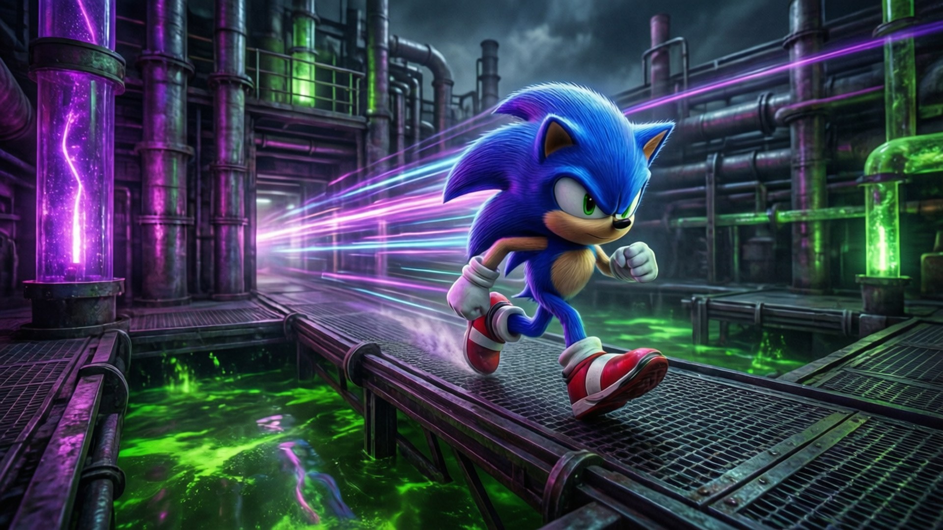 Sonic the Hedgehog 喺一個發光嘅工業設施中奔跑。
