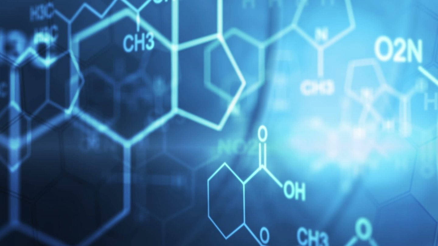 抽象的藍色發光分子結構和化學公式在數位空間中。 — 科學 壁紙