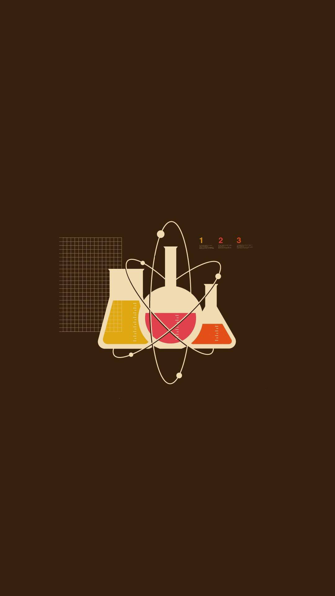 深棕色背景上的科學燒瓶和原子圖表。