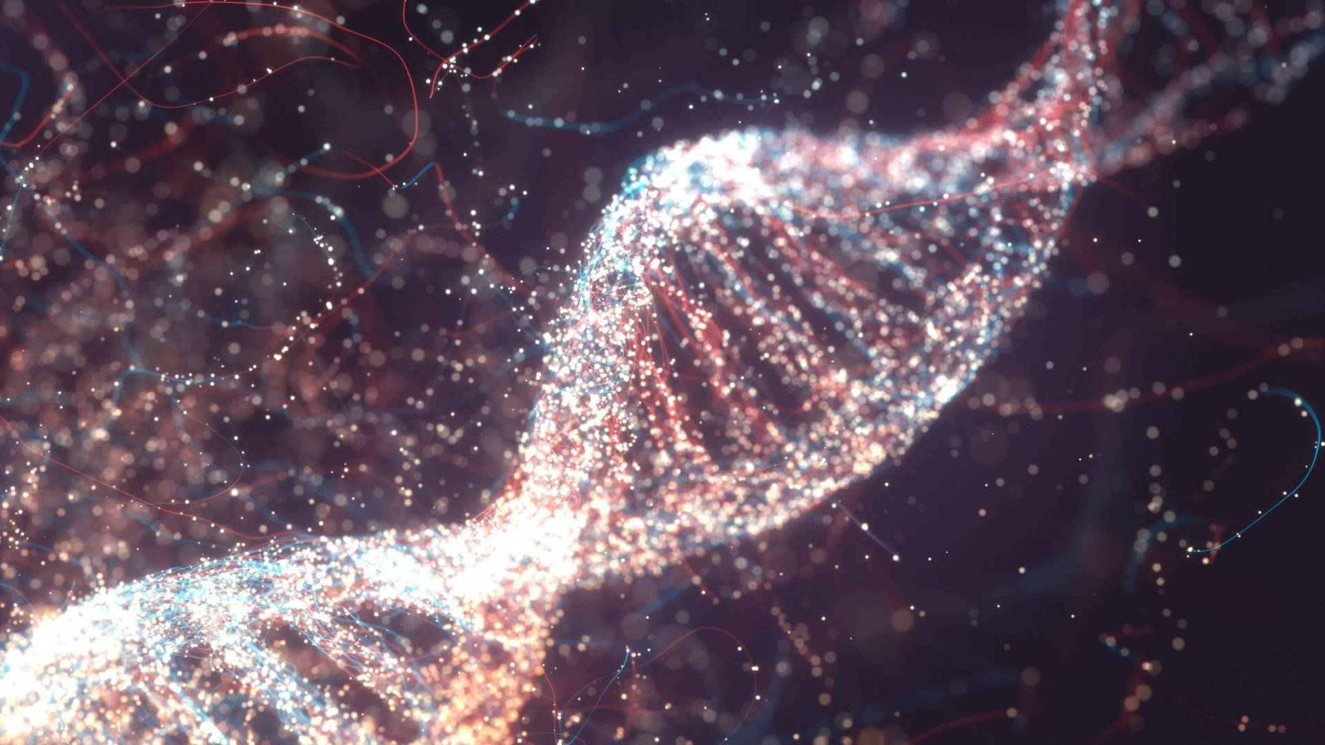 化學閃耀雙螺旋完美星系 壁紙 — 一條由閃爍粒子組成的發光雙螺旋DNA鏈，在黑暗的宇宙背景下旋轉。