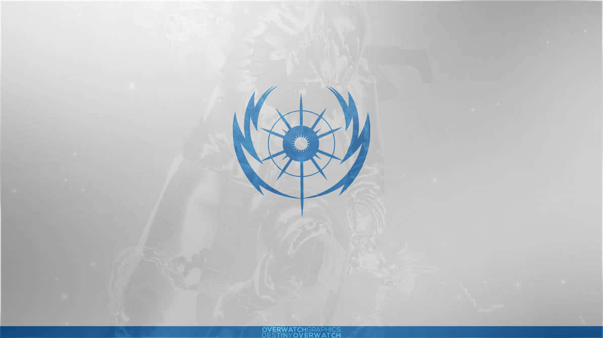 Overwatch標誌，喺灰色背景上有褪色嘅角色輪廓。