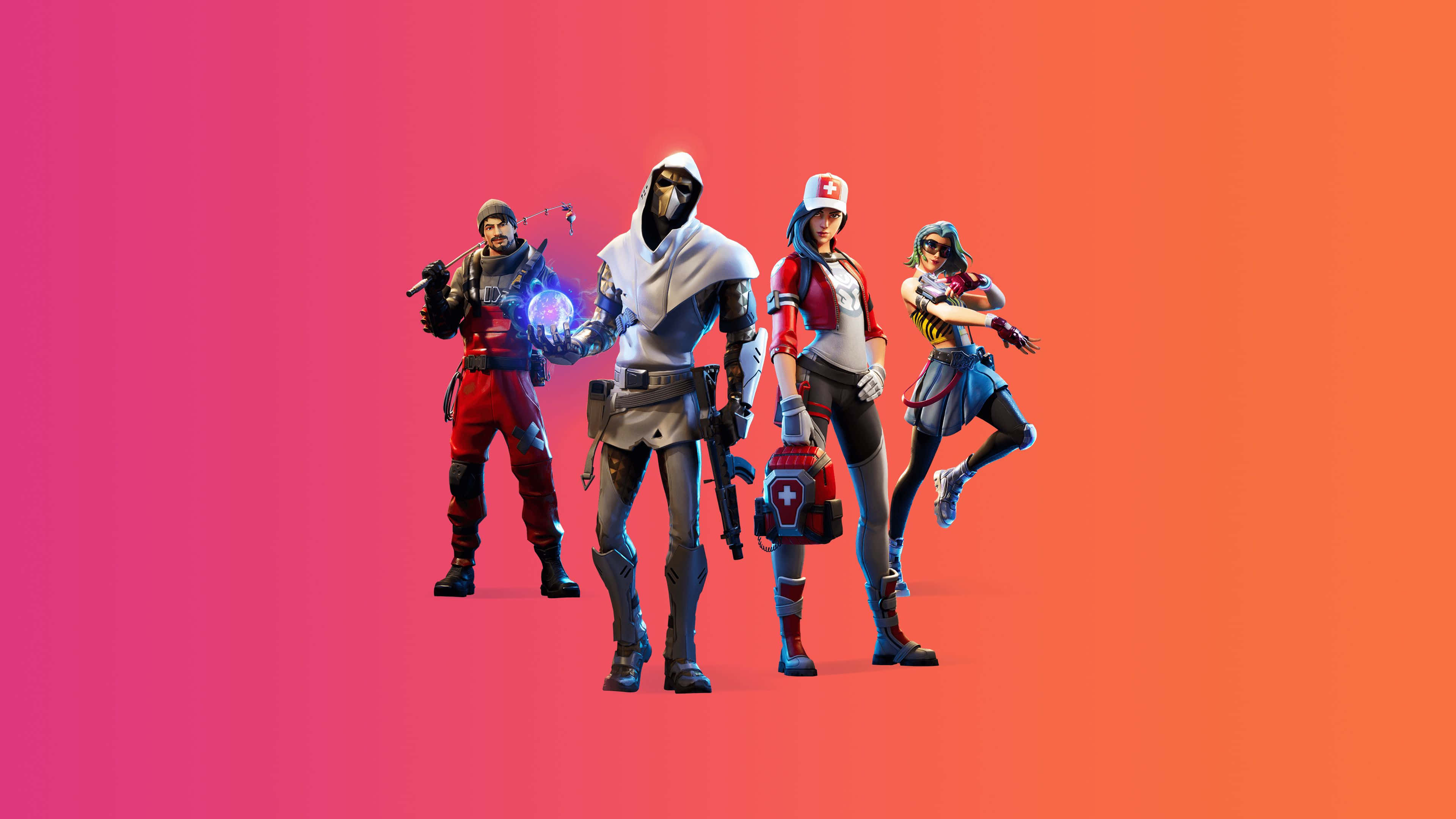 化身《Fortnite》角色，迎接傳奇冒險 壁紙 — 四個 Fortnite 角色自信地站在充滿活力的粉紅到橙色漸變背景前。
