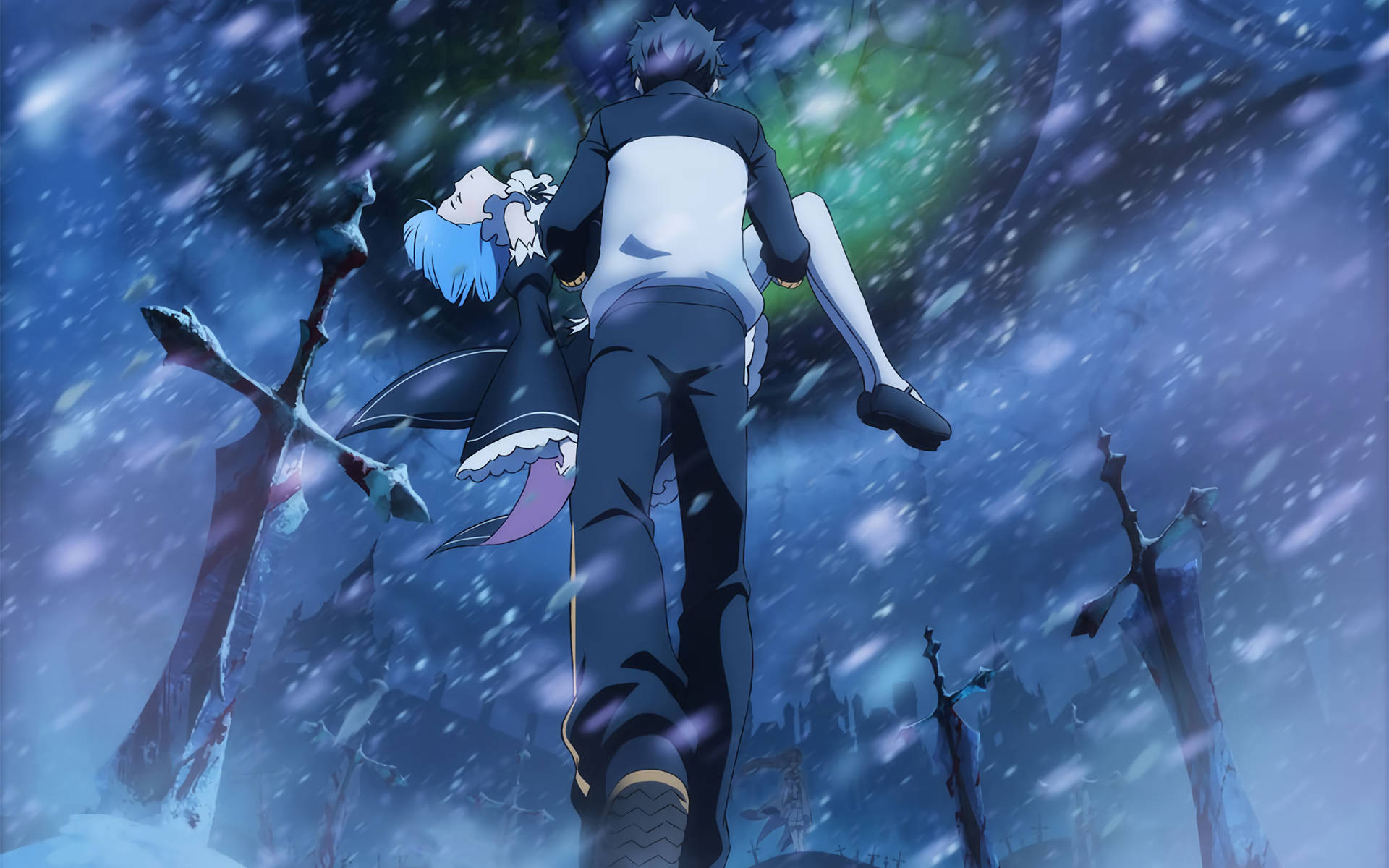 化身 Subaru Natsuki 開始《Re:Zero》冒險 壁紙 — 一個孤獨的動漫人物帶著一個藍色頭髮的小夥伴穿過雪地墓地，在旋轉的極光天空下。