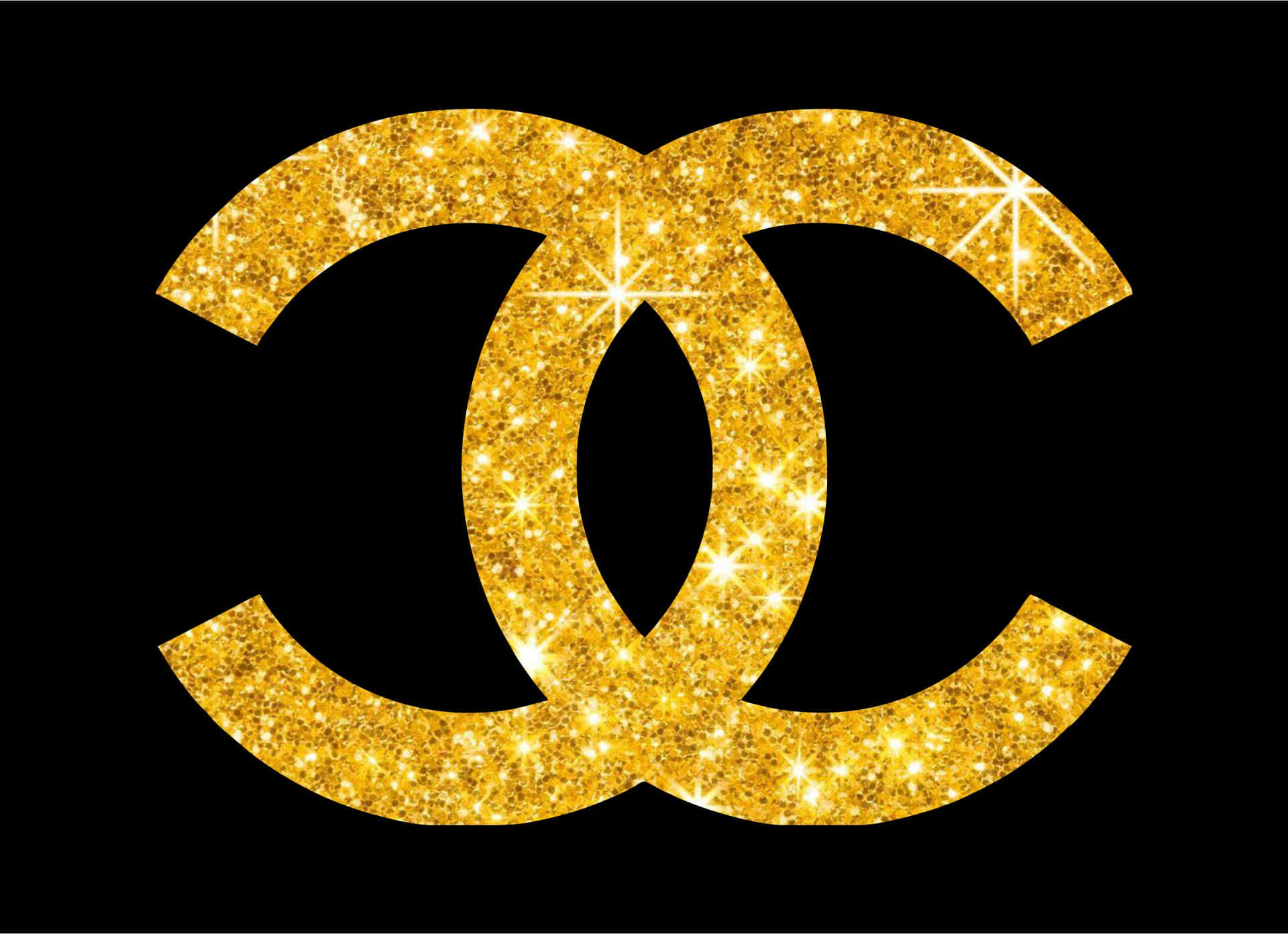 化身優雅典範，展現經典香奈兒造型 壁紙 — 金色閃粉 Chanel 標誌，配以閃爍星星，置於純黑色背景上。