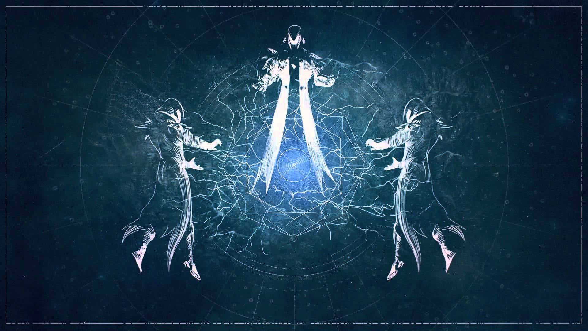 三個身穿發光長袍的動漫人物在神秘的圓圈中引導宇宙能量。