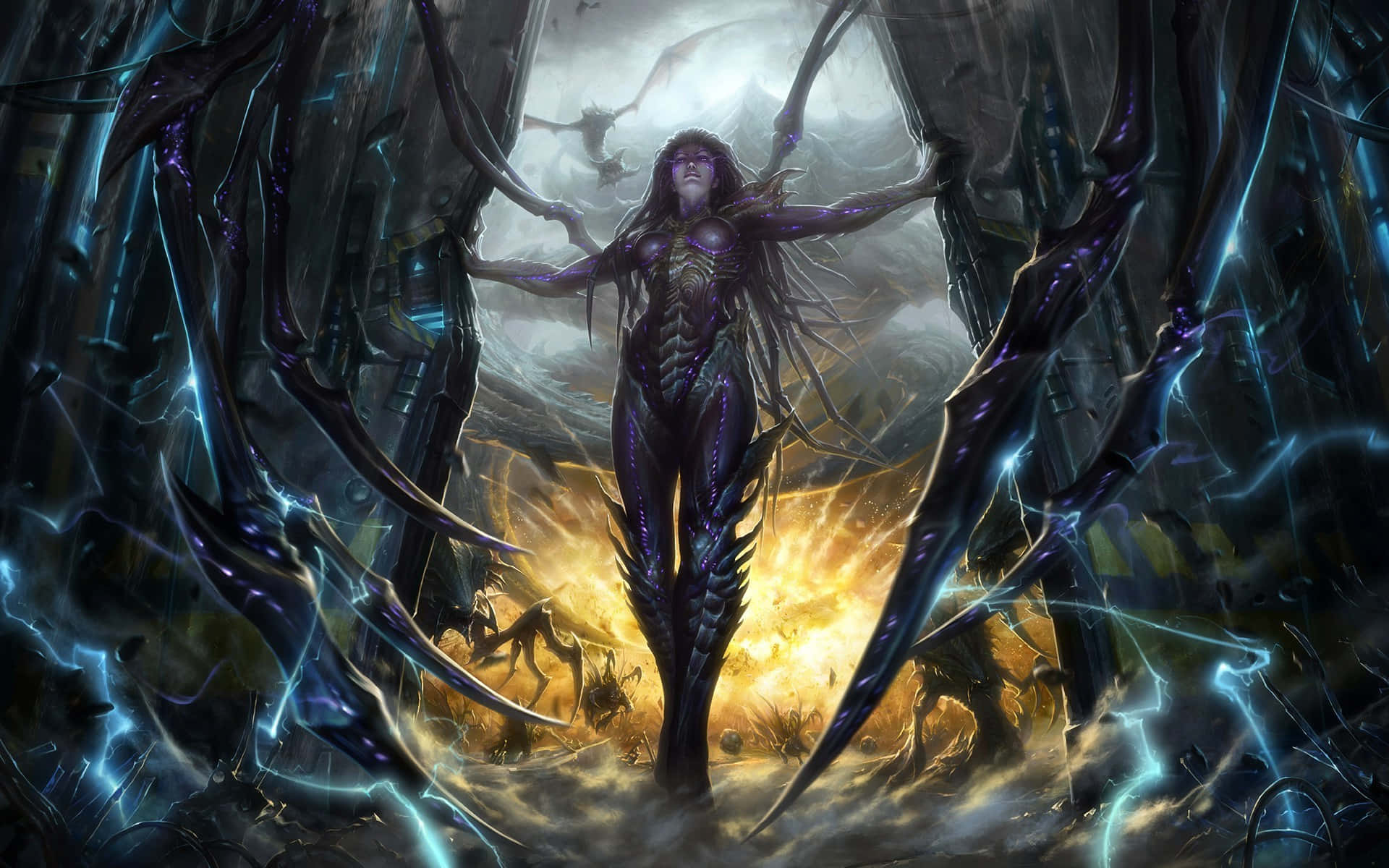 奇幻女王，擁有發光皮膚和電光觸手，站在燃燒的戰場上。