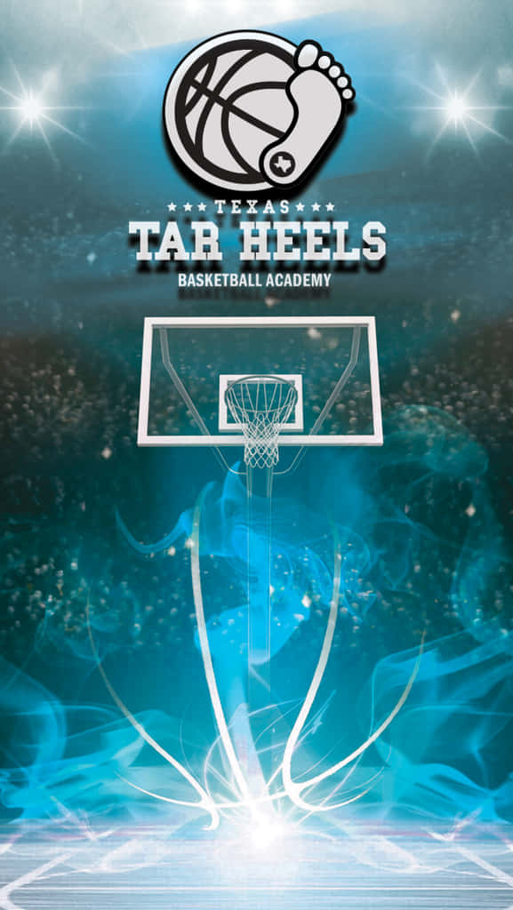 Tar Heels籃球學院標誌，帶有籃框和發光的藍色能量漩渦。