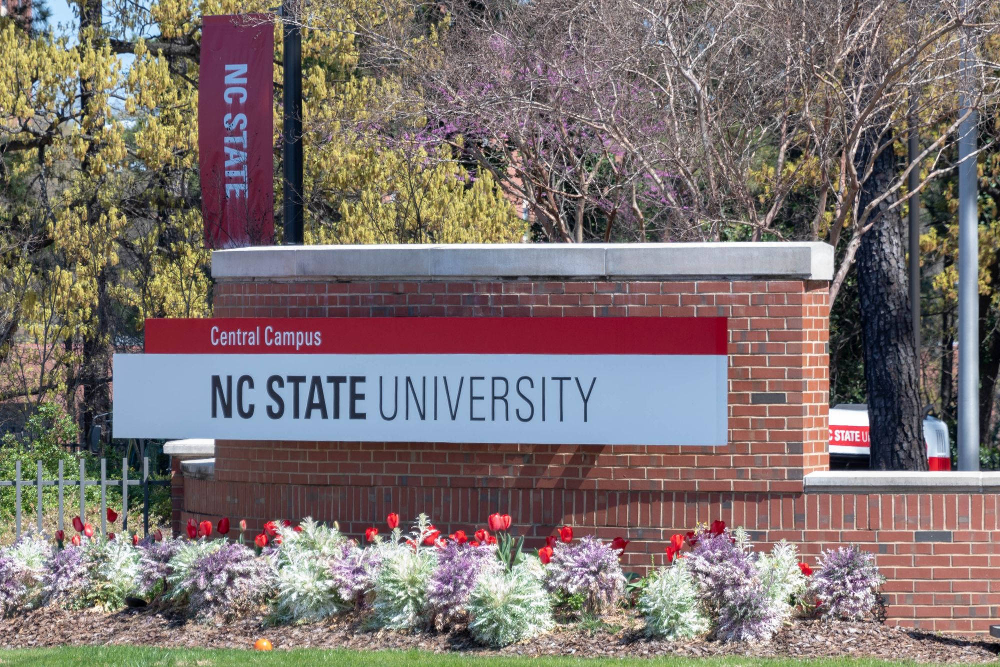 北卡羅來納州立大學中央校區入口標誌 壁紙 — NC State University 嘅標誌喺中央校園，被盛開嘅紅色鬱金香同發芽嘅樹木包圍，喺明亮嘅日光下。