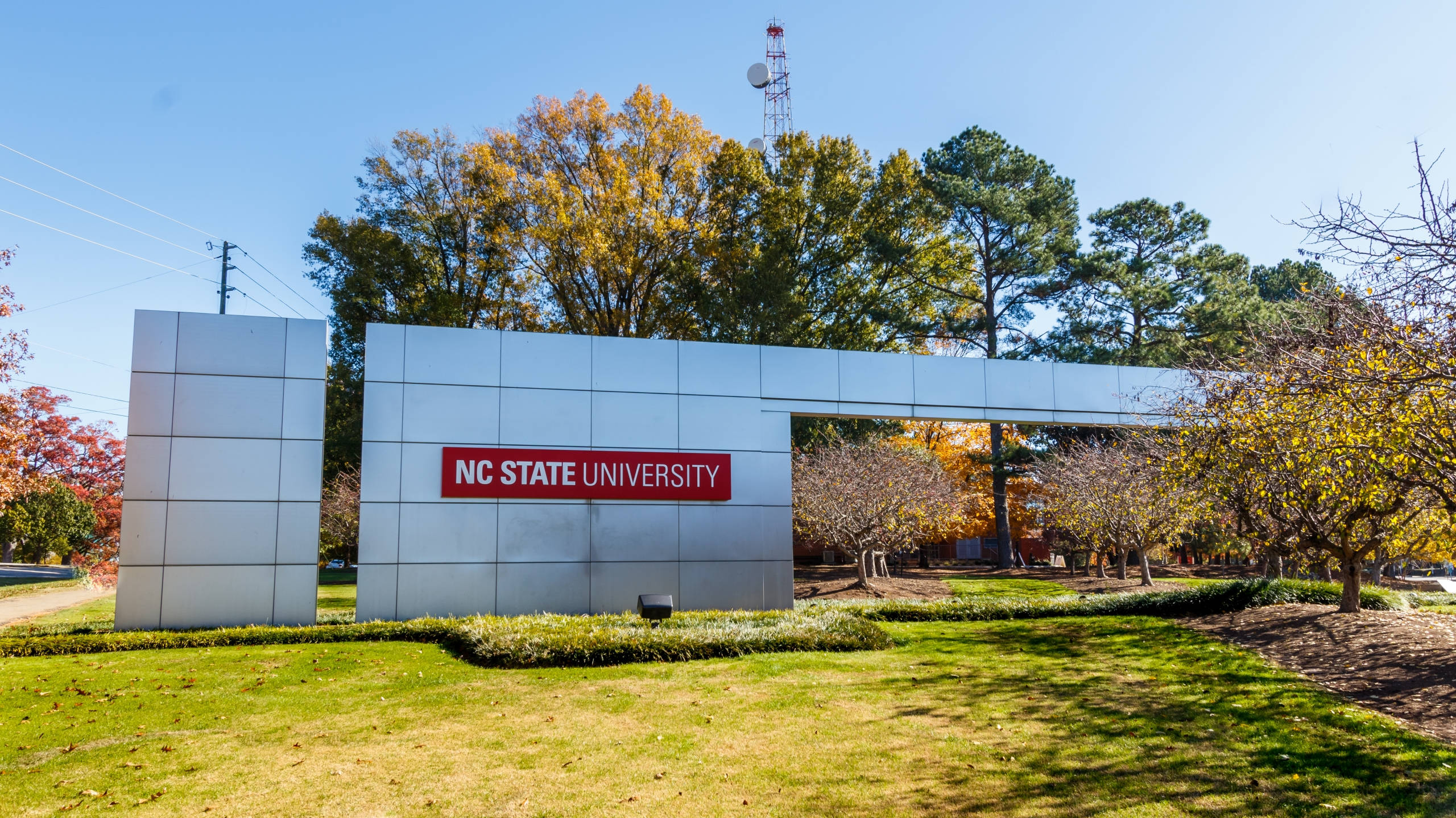 北卡羅來納州立大學主入口標誌 壁紙 — NC State University 標誌在晴朗藍天下高聳，周圍環繞著秋樹和修剪整齊的草坪。
