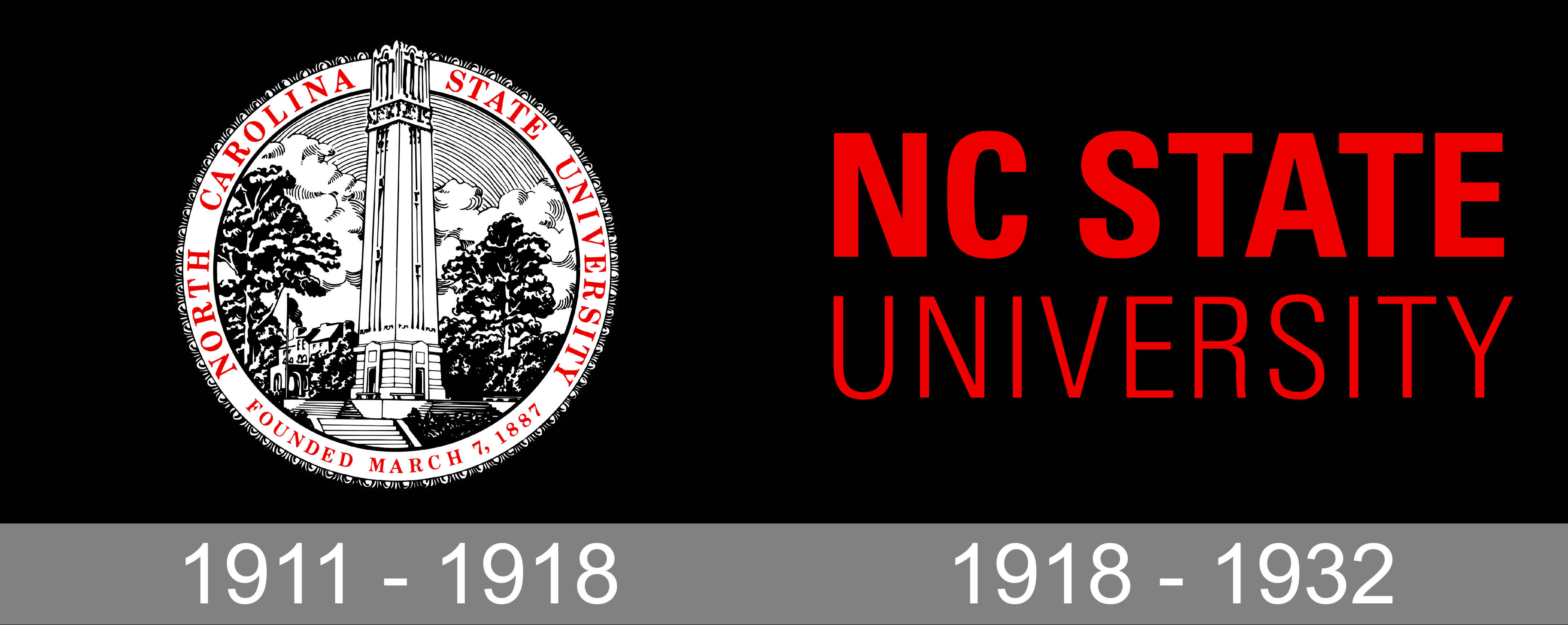 北卡羅來納州立大學官方校徽 壁紙 — 黑色背景上有北卡羅萊納州立大學印章和紅色文字，灰色時間軸條顯示1911-1932年。
