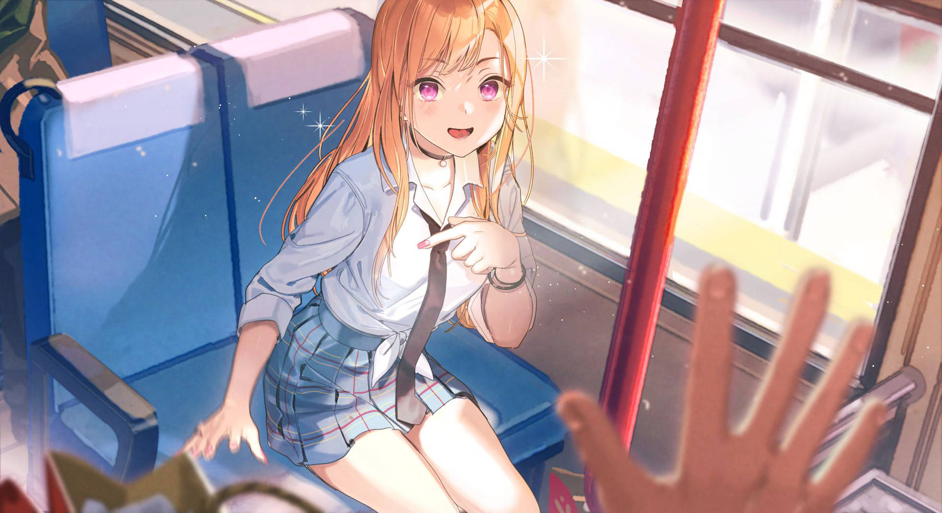 穿著校服的動畫女孩在火車座位上微笑，手向前伸出