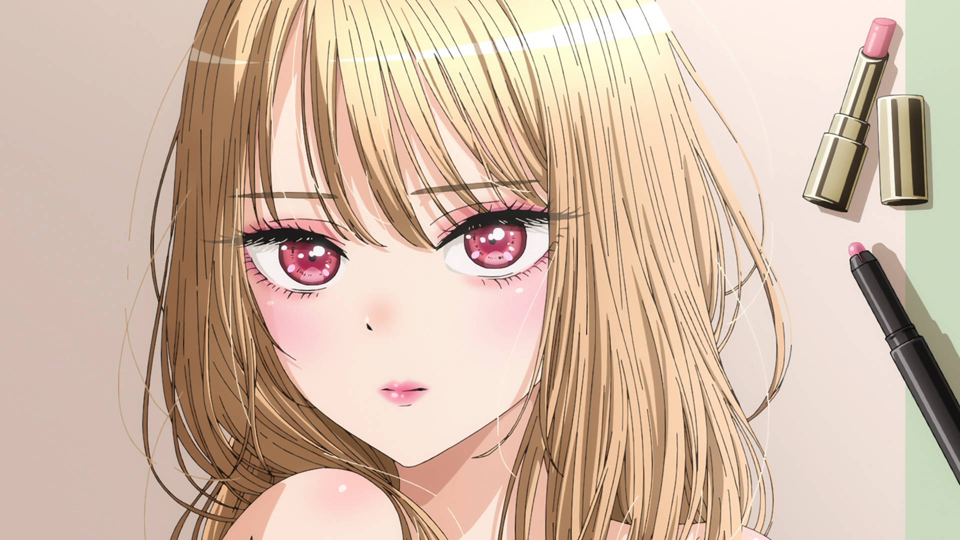 動漫女孩，粉紅色眼睛，金色頭髮，靠近化妝產品。