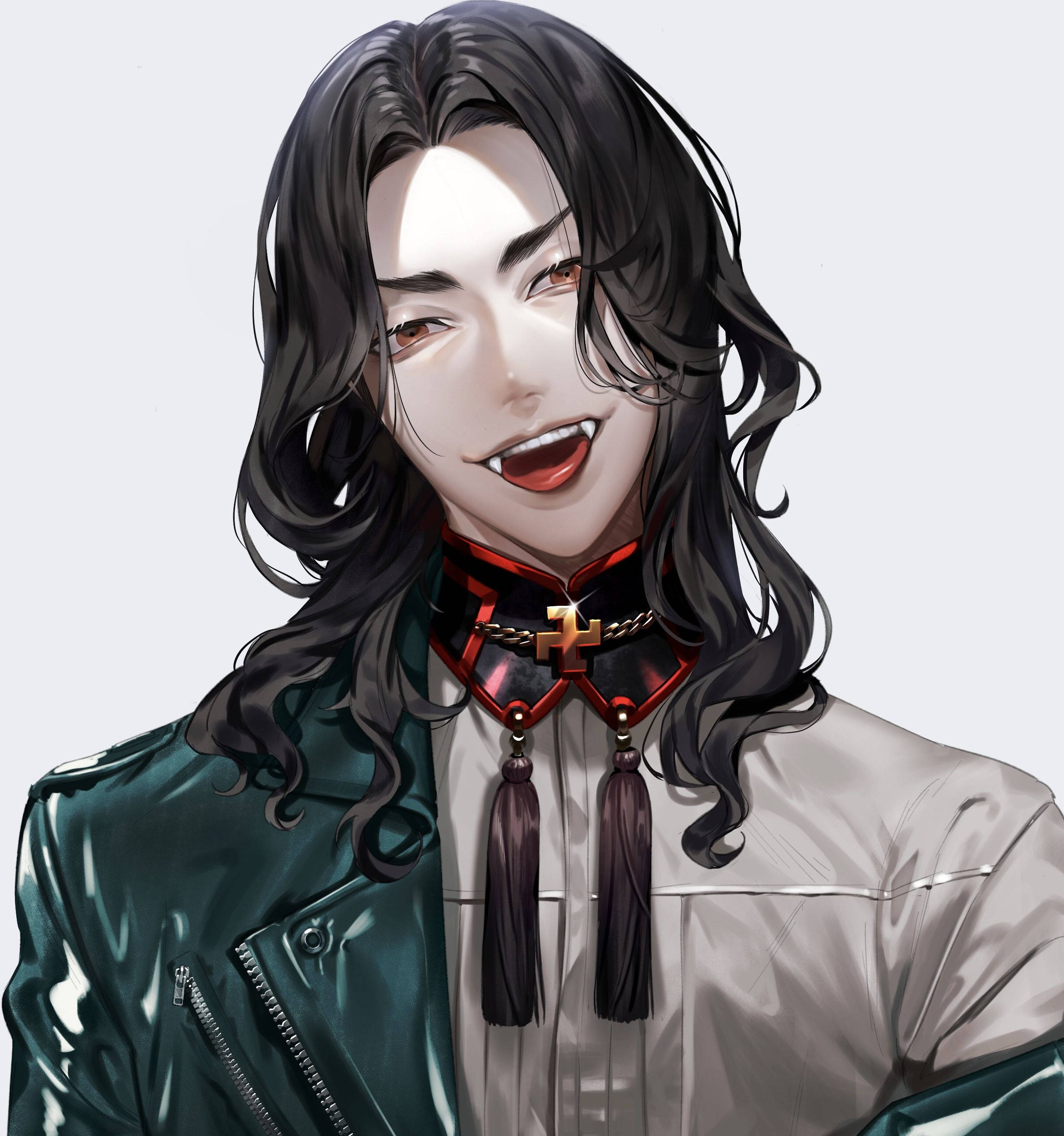 北條 勝介 軍裝粉絲藝術 壁紙 — 一個擁有長長黑髮和紅色眼睛的吸血鬼動漫角色，穿著綠色皮夾克和華麗的紅色領子微笑。