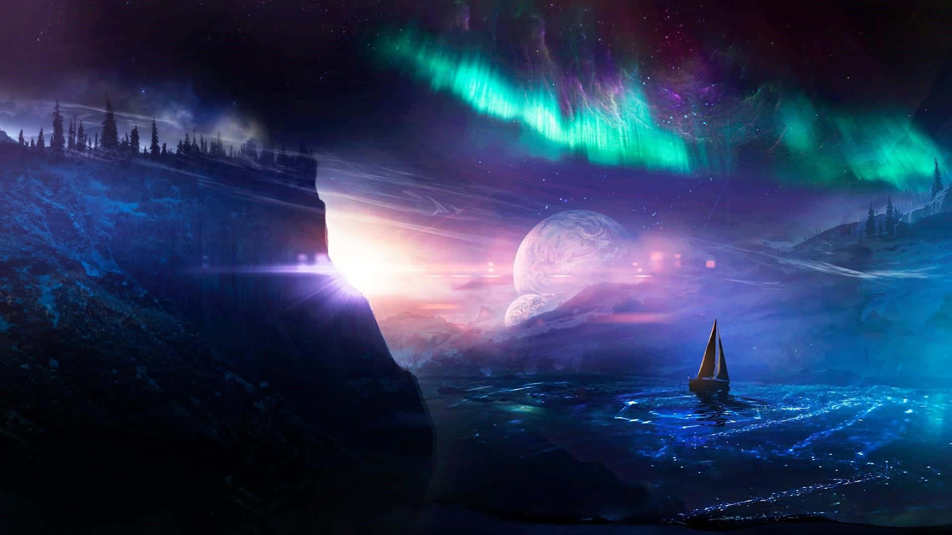 北極光照亮夜空，河畔美景 壁紙 — 一艘孤獨的帆船在發光的藍色水面上漂流，上方是充滿活力的綠色極光和漂浮的月亮，構成超現實的外星景觀。
