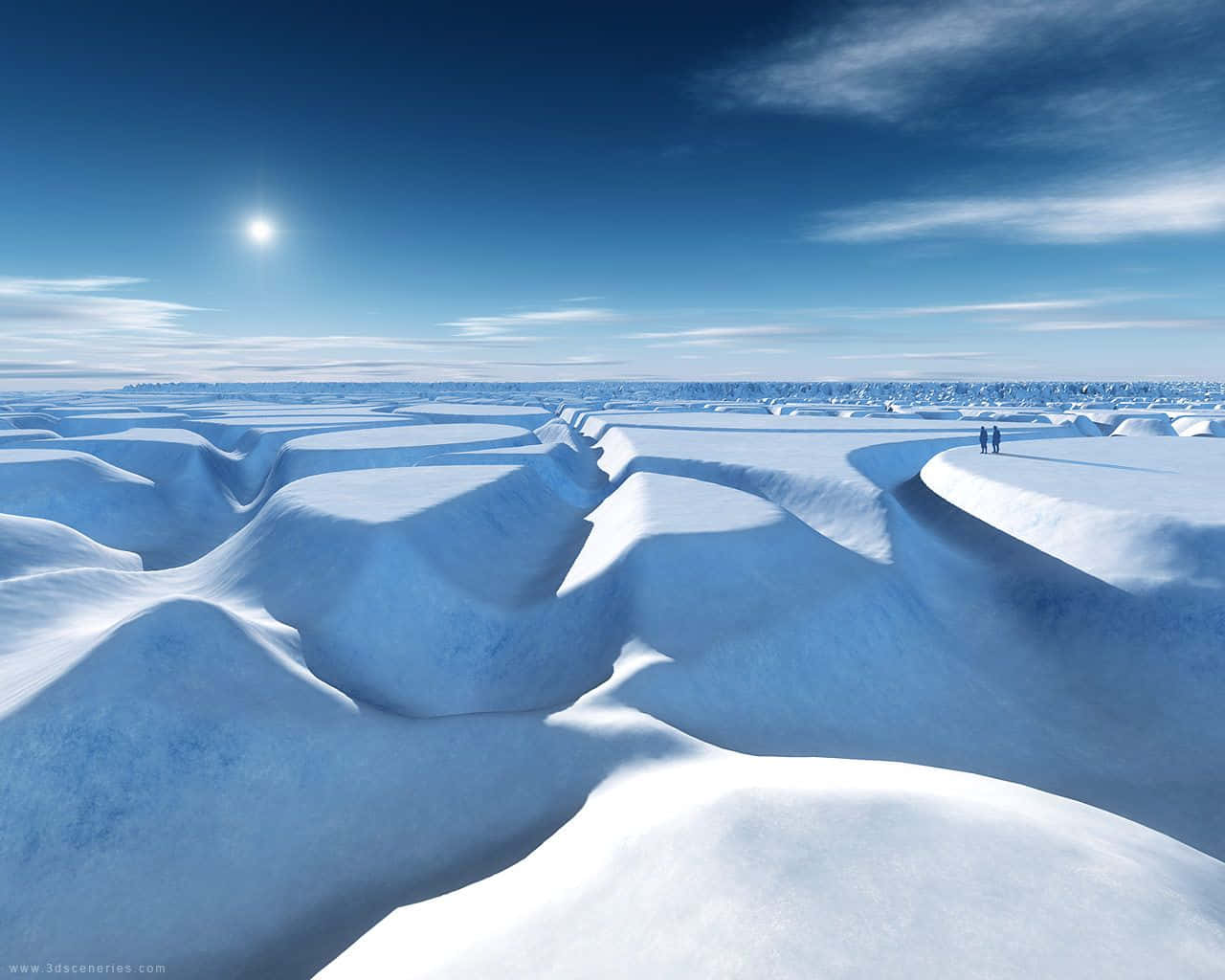 兩個人在明亮的陽光下走過雪丘地帶。