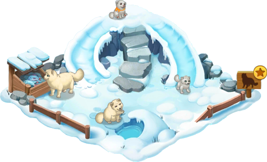 北極動物插畫 壁紙 — 一個奇特的冬季場景，毛茸茸的白狗在雪地景觀中圍著冰屋和木製狗屋玩耍。