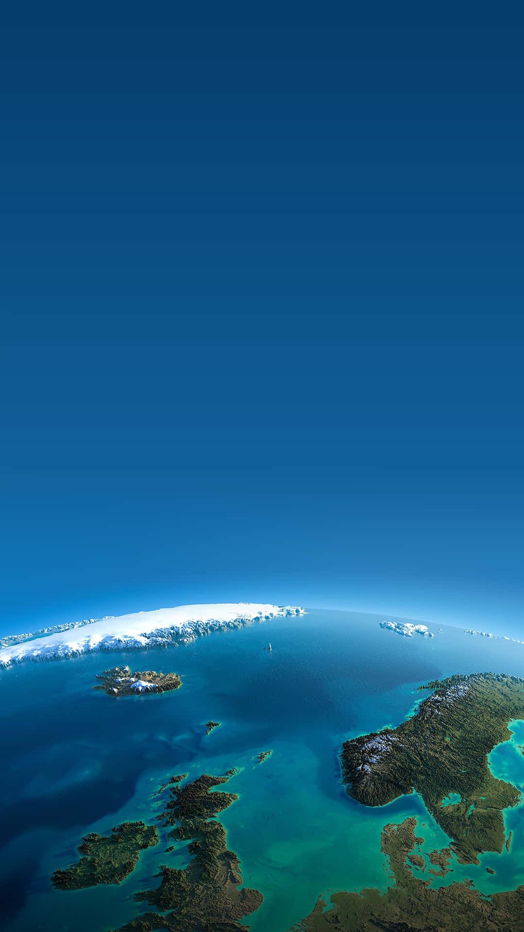 3d Earth 桌布 壁紙 — 北極島嶼和冰封海岸線在廣闊清澈藍天下與碧綠海水的航拍視圖。