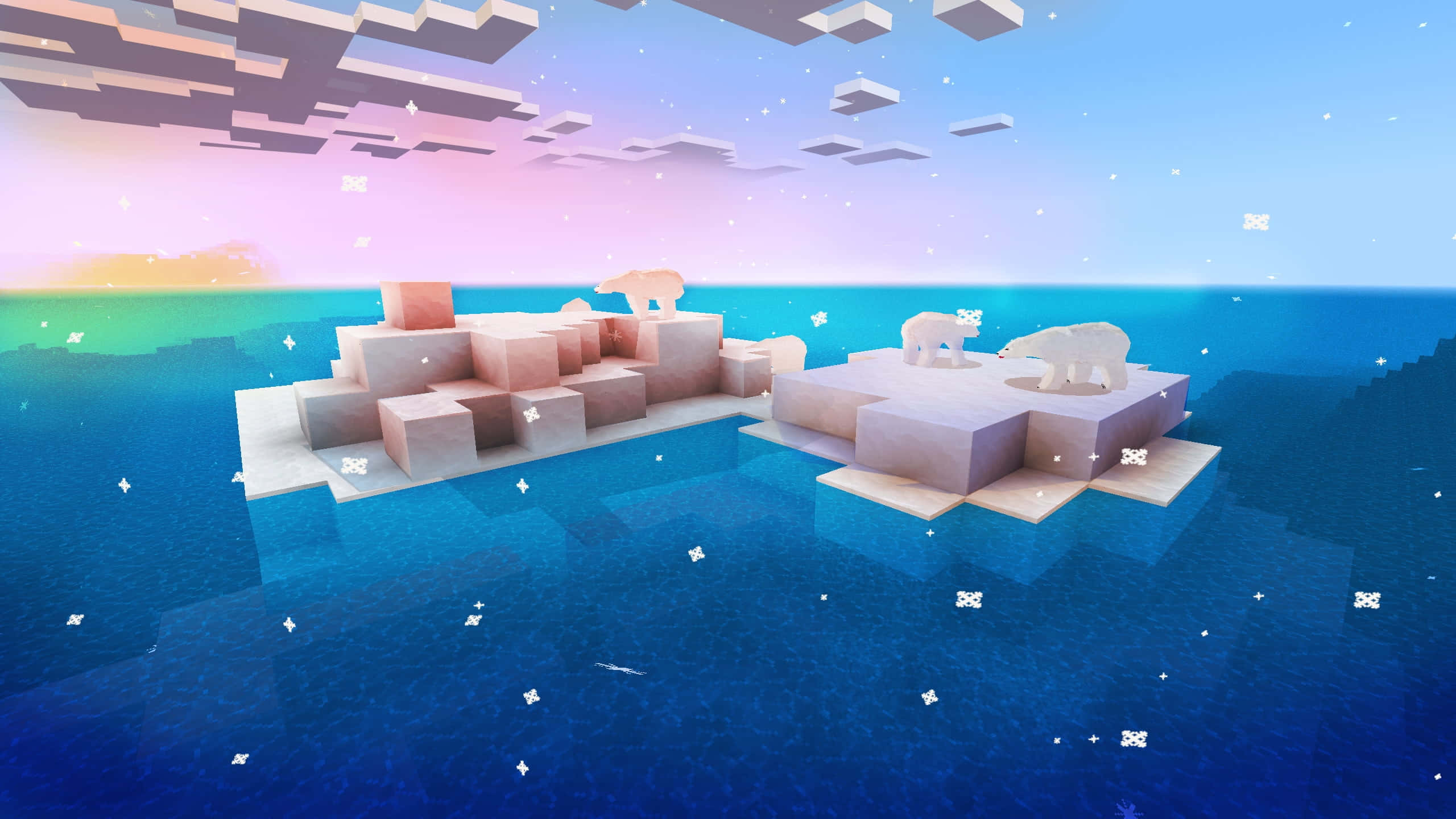 Minecraft Adventure 桌布 壁紙 — 北極熊在塊狀浮冰上漫步，天空呈現柔和色調，構成風格化的數碼海洋場景。