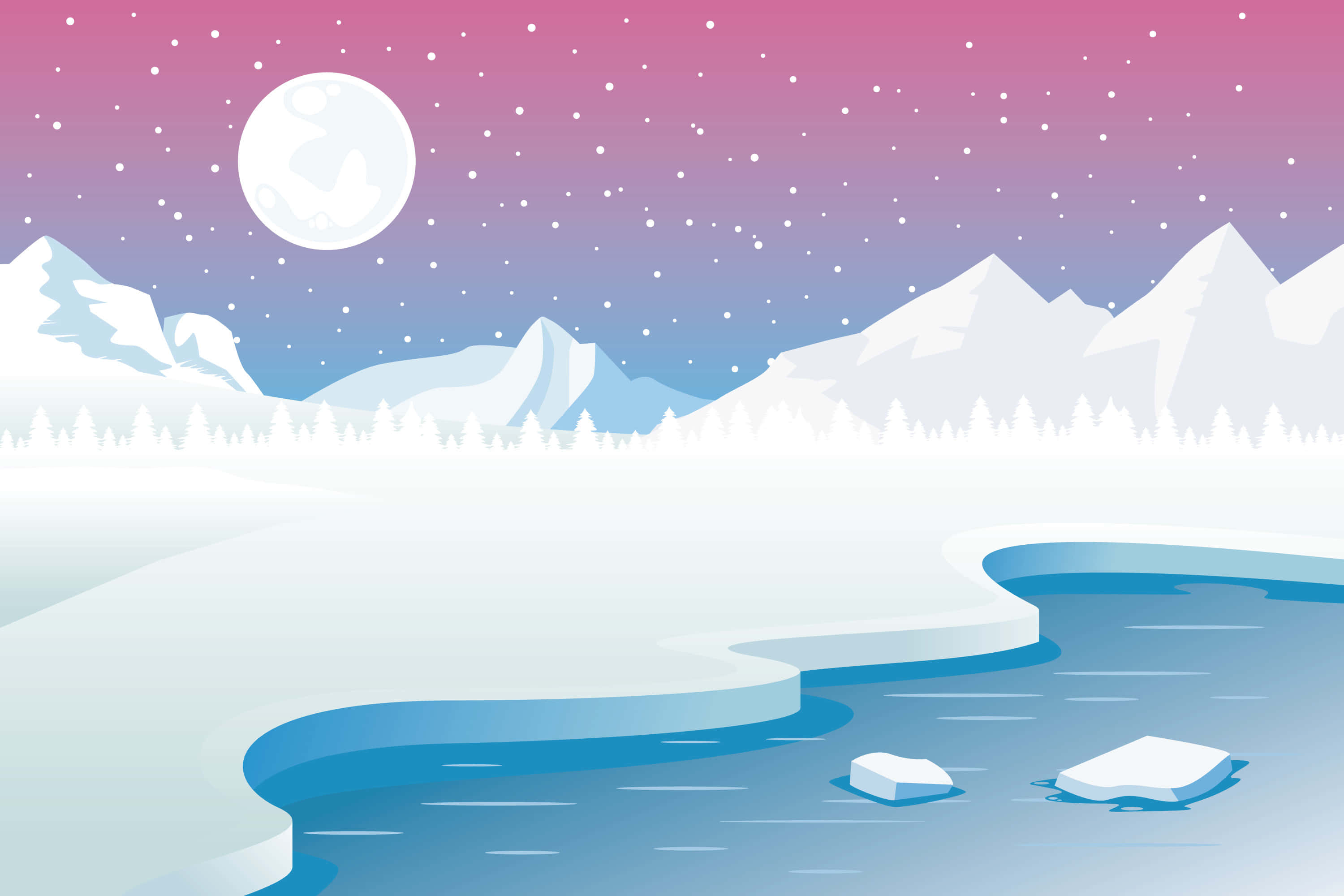 北極的冬季仙境 壁紙 — 一個寧靜的冬夜，白雪覆蓋的山脈在粉紅色和紫色的天空下，滿月和飄落的雪。