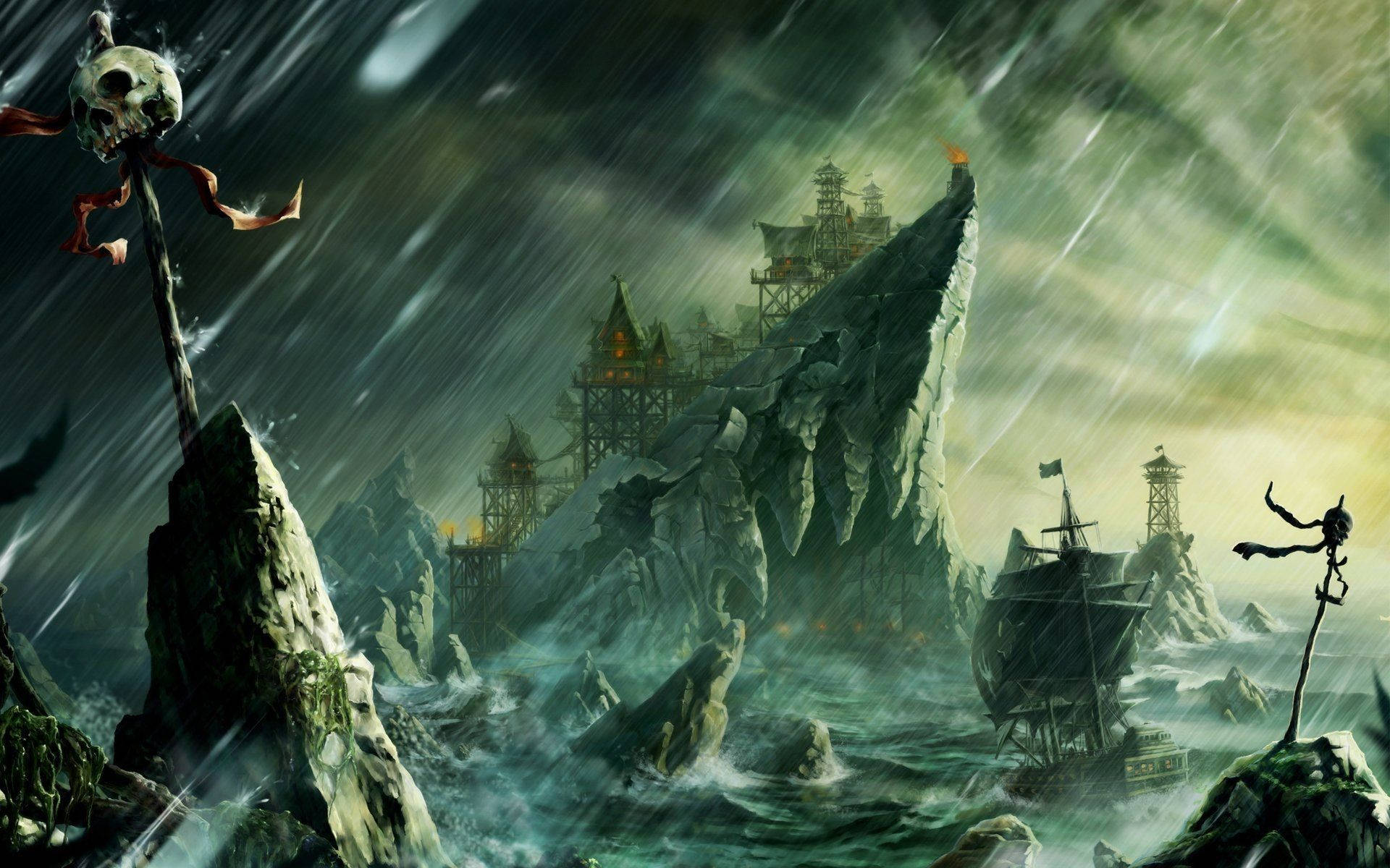 北歐幻想暴風 壁紙 — 暴風雨的海浪衝擊著崎嶇的岩石，一艘幽靈海盜船駛過一個骷髏頂的桅杆，靠近一座搖搖欲墜的懸崖堡壘。