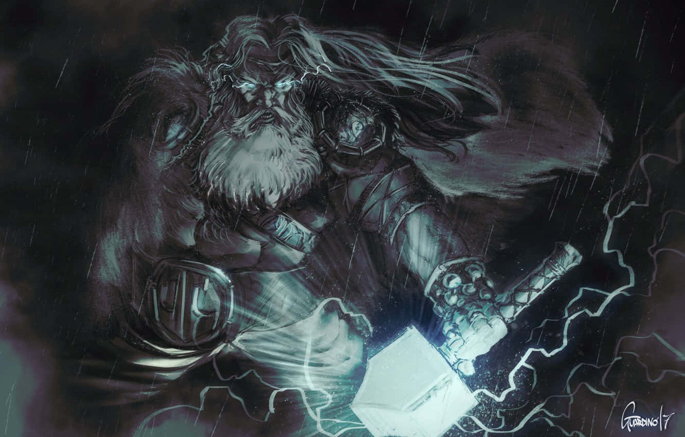 鬍鬚戰士在暴風雨中揮舞發光錘子，伴隨著閃電。