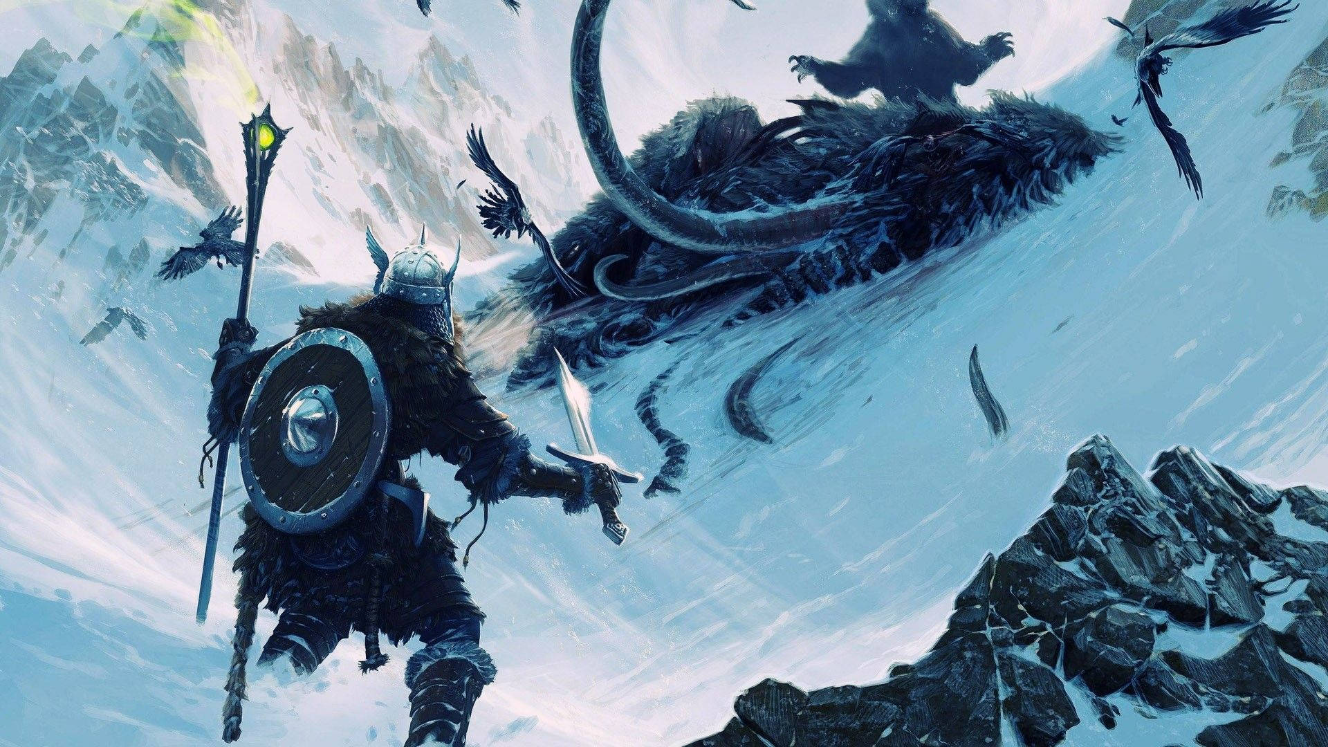 北歐戰士與猛犸象雪景 壁紙 — 一名維京戰士手持盾牌和劍，在白雪皚皚的山峰和盤旋的烏鴉中對抗一條巨龍。