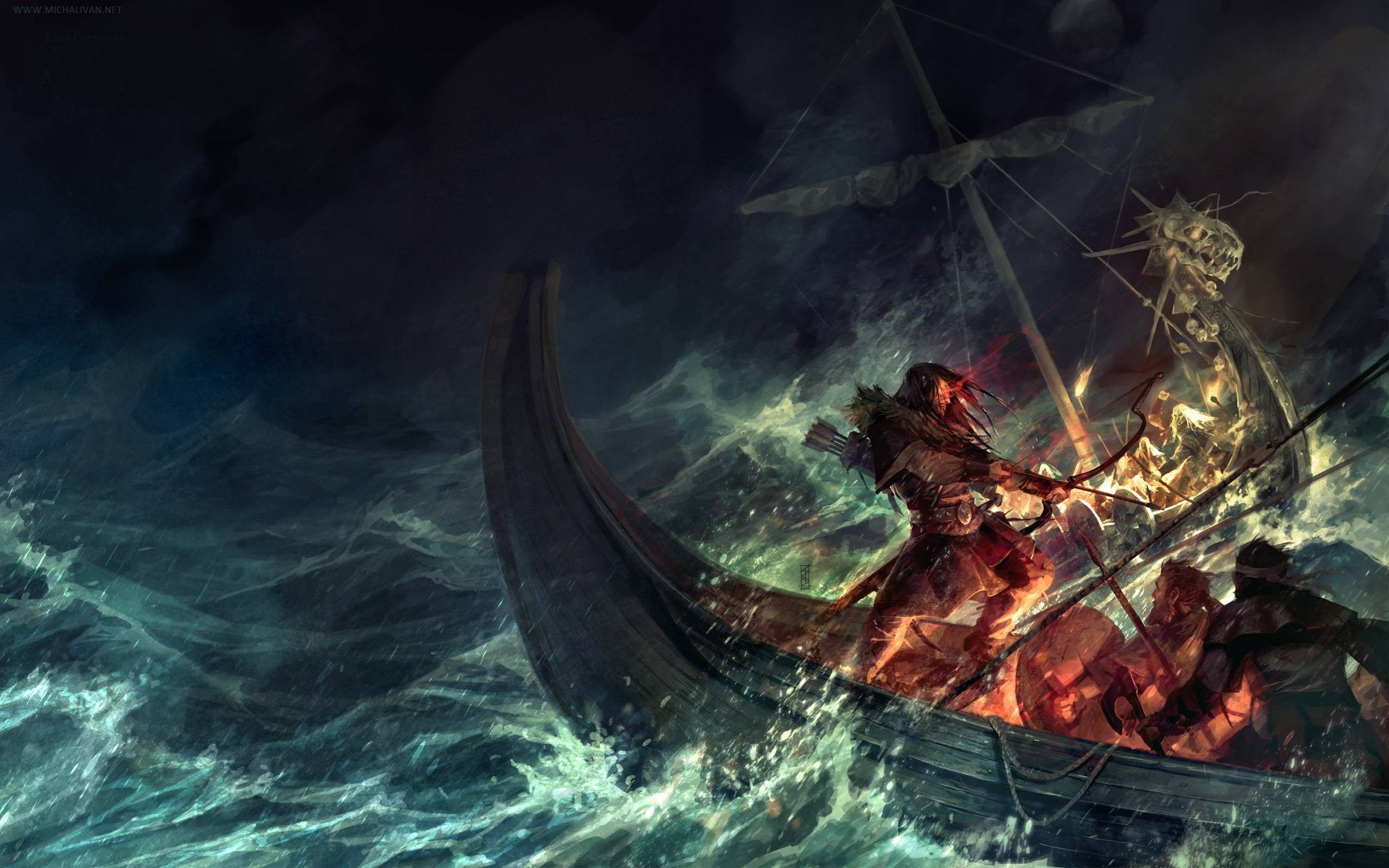 北歐海戰襲擊 壁紙 — 維京戰士在黑暗天空下的暴風雨長船上與巨型海怪搏鬥。