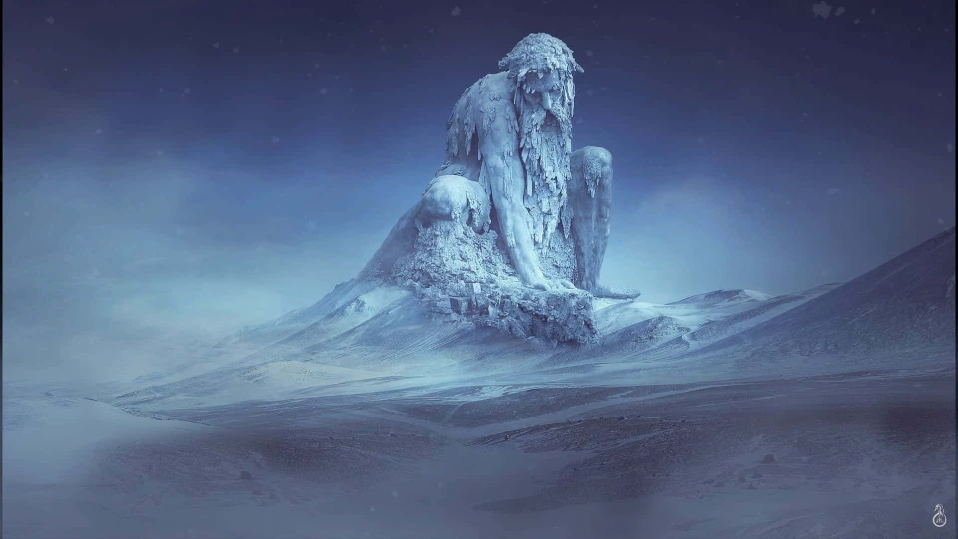 一個巨大的冰凍雕像坐在白雪覆蓋的山上，背景是星光閃爍的夜空。