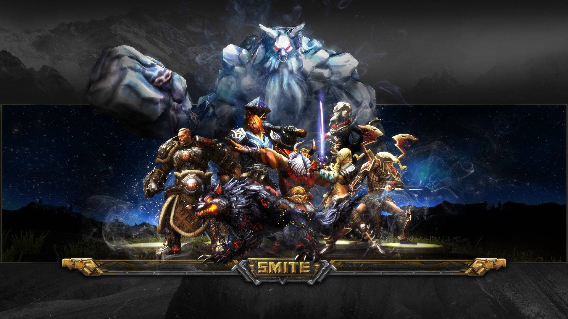 北歐角色 Smite 遊戲 壁紙 — 一群充滿活力的奇幻戰士和神話生物在繁星點點的夜空下與巨大的冰巨人戰鬥。