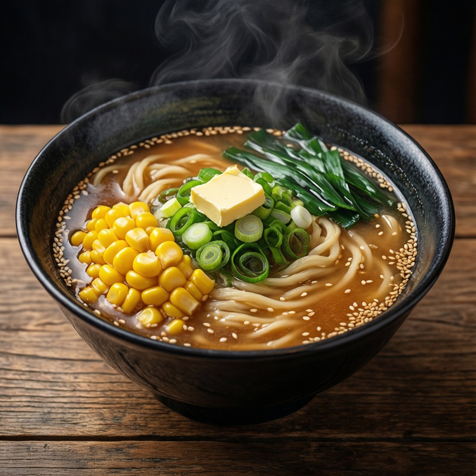 冒煙的拉麵配粟米牛油蔥花和芝麻在木桌上