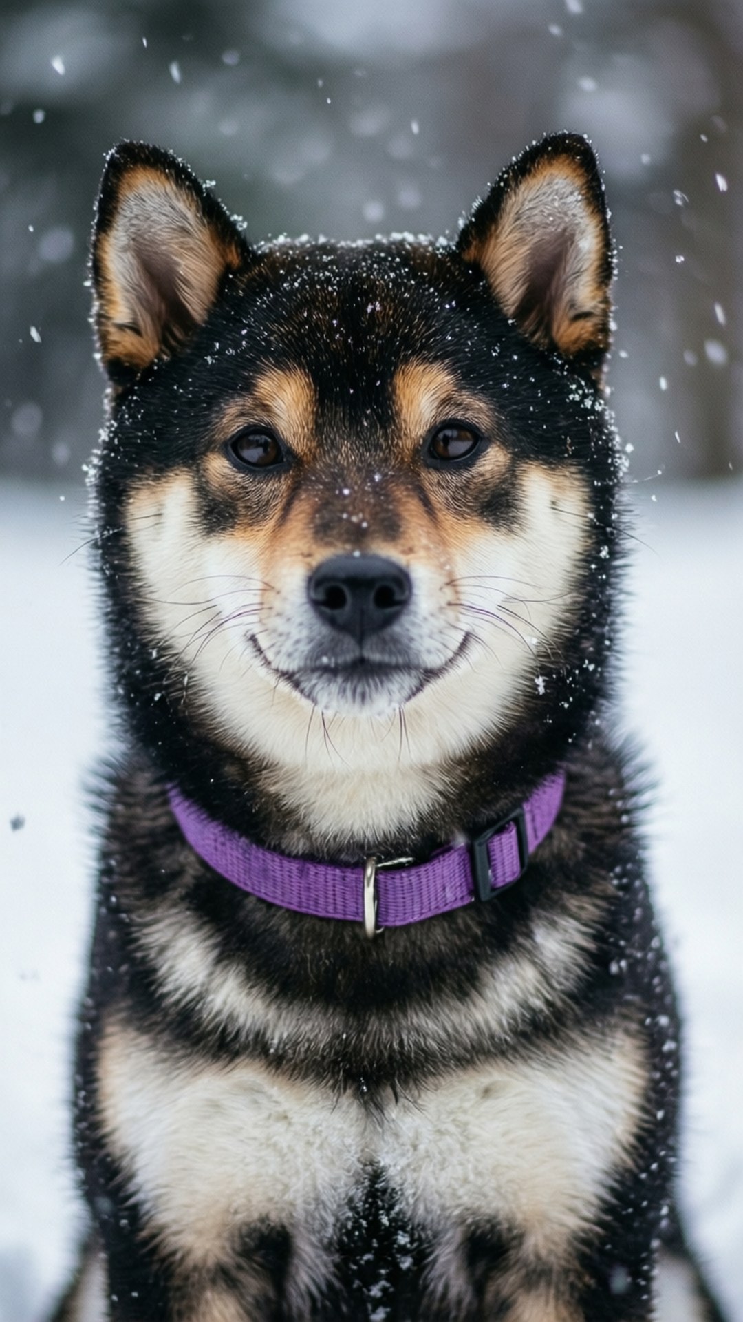 北海道柴犬雪中嬉戲 壁紙 — 一隻戴著紫色項圈的柴犬近距離特寫，坐在飄落的雪中，直視鏡頭。