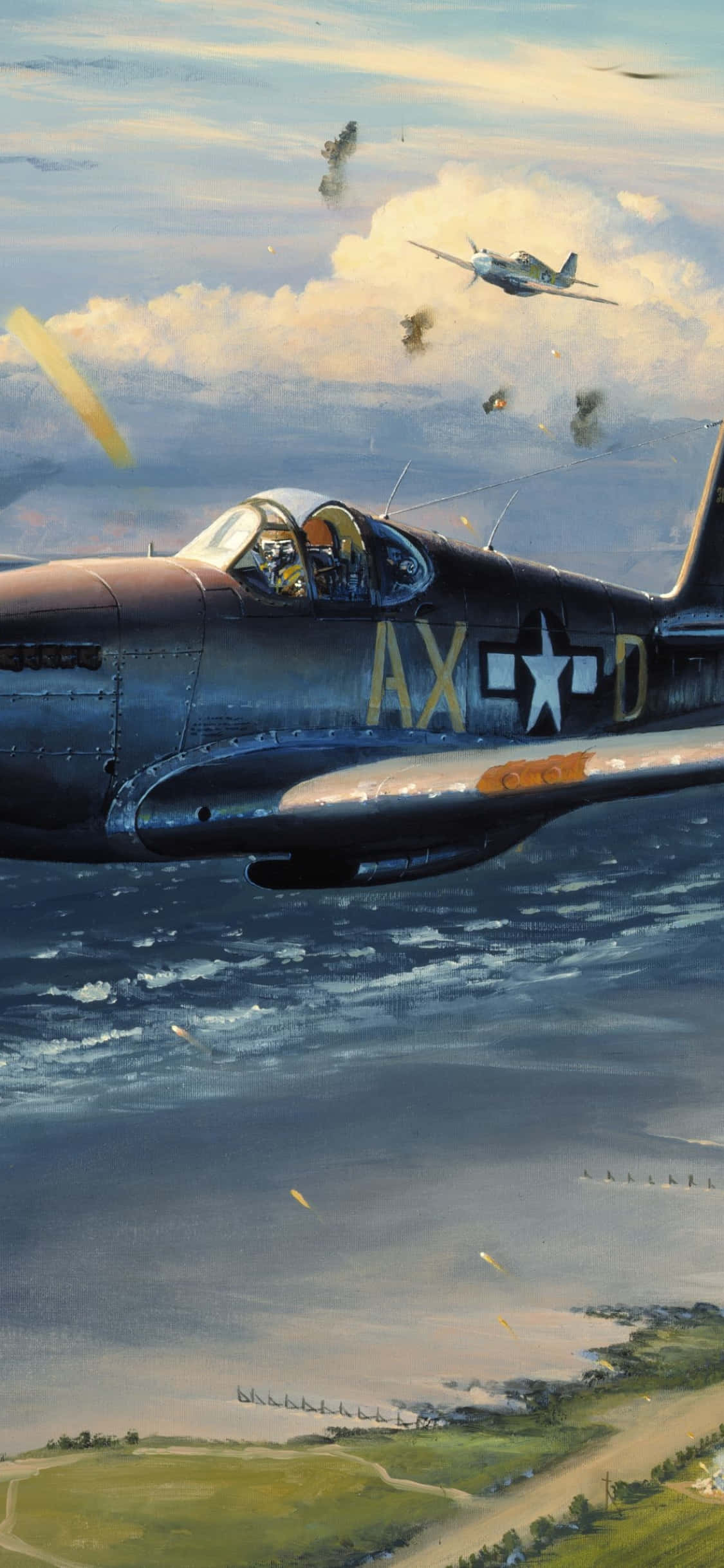 北美P-51野馬戰鬥機安卓飛機壁紙 壁紙 — 一架復古戰鬥機在煙霧軌跡和遠處爆炸的伴隨下，於空中戰鬥中翱翔在海浪之上。