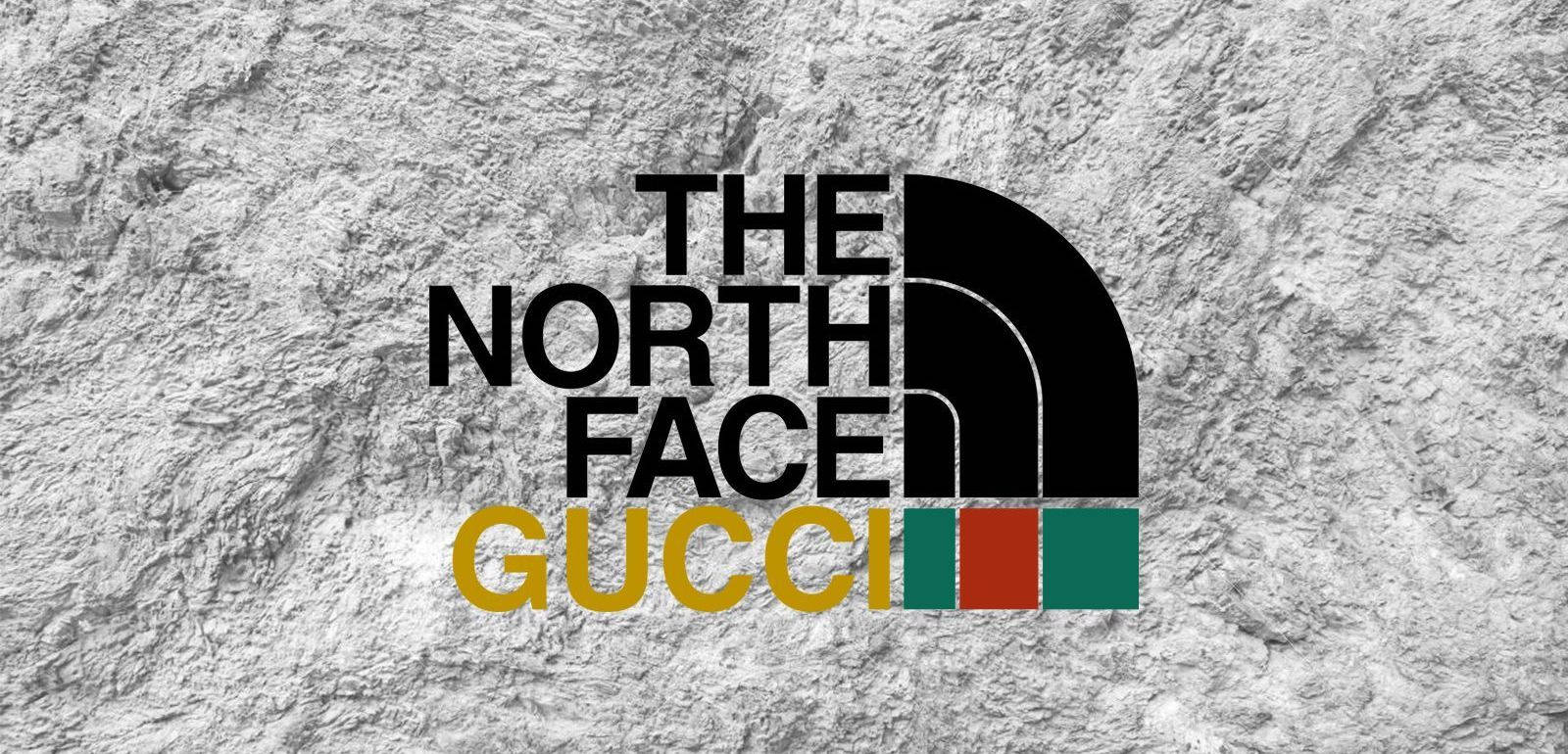 在帶有紋理的混凝土表面上顯示的 The North Face 和 Gucci 標誌。