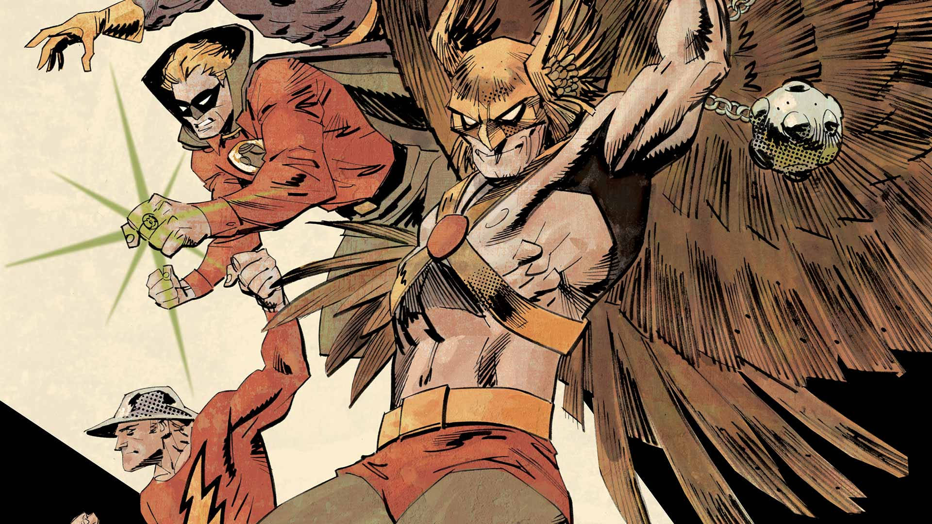 匯聚：正義協會 壁紙 — Hawkman 和 Flash 在動作中的動態漫畫插圖，第三位英雄揮舞著發光武器。