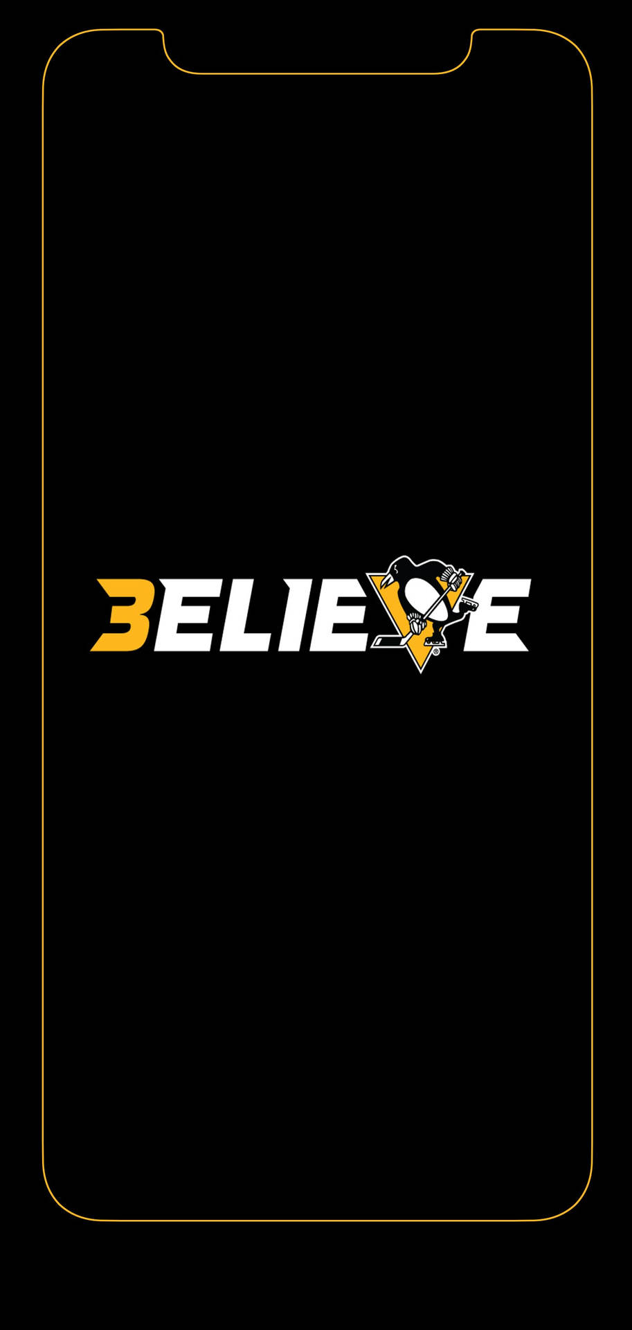 手機螢幕上帶有「BELIEVE」和匹茲堡企鵝隊標誌，黑色背景金色邊框。