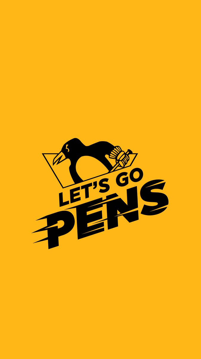 黑色企鵝標誌，帶有Let's Go Pens文字，背景為黃色。