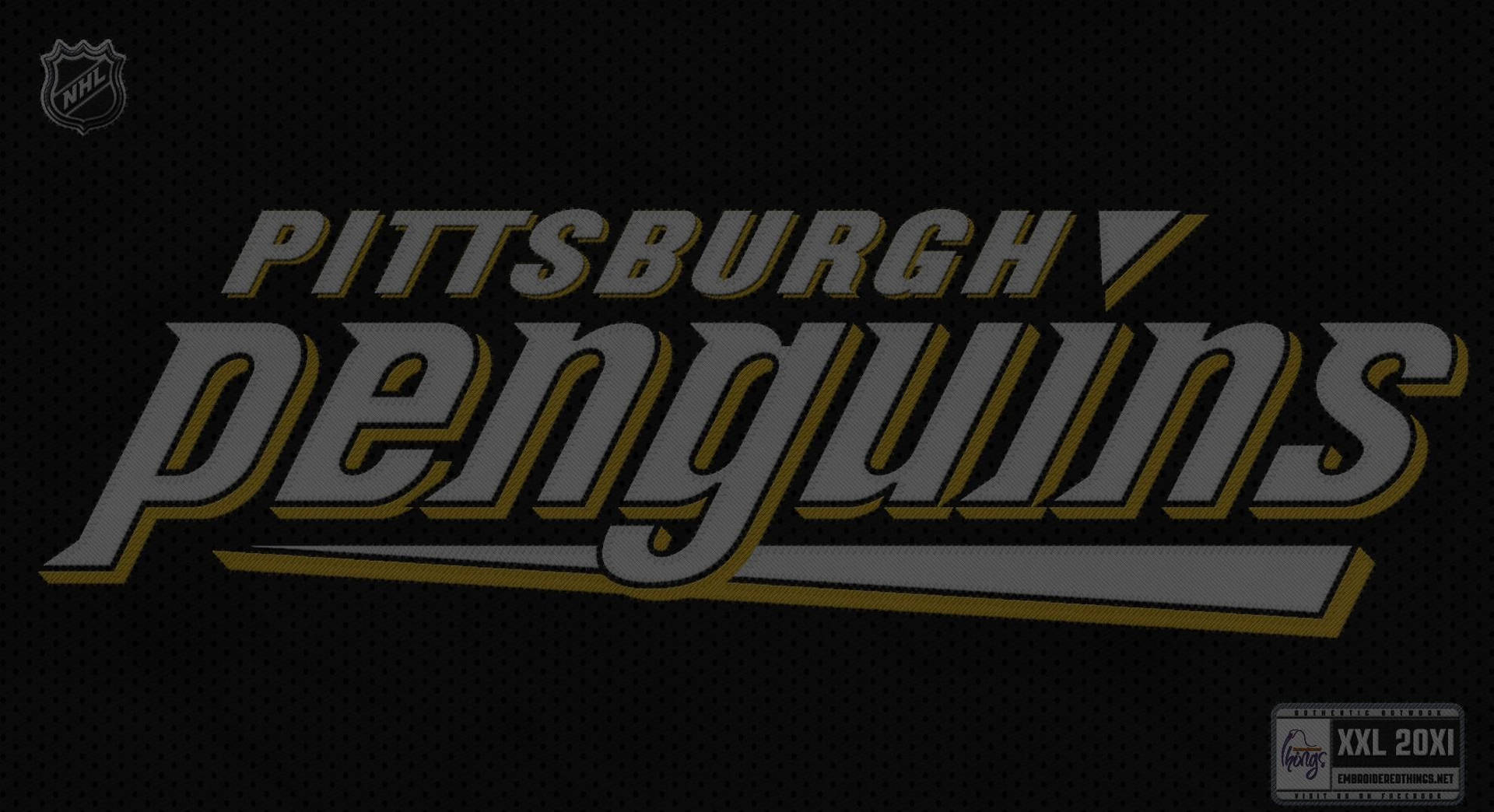 Pittsburgh Penguins NHL 球隊標誌，置於黑色紋理背景上。