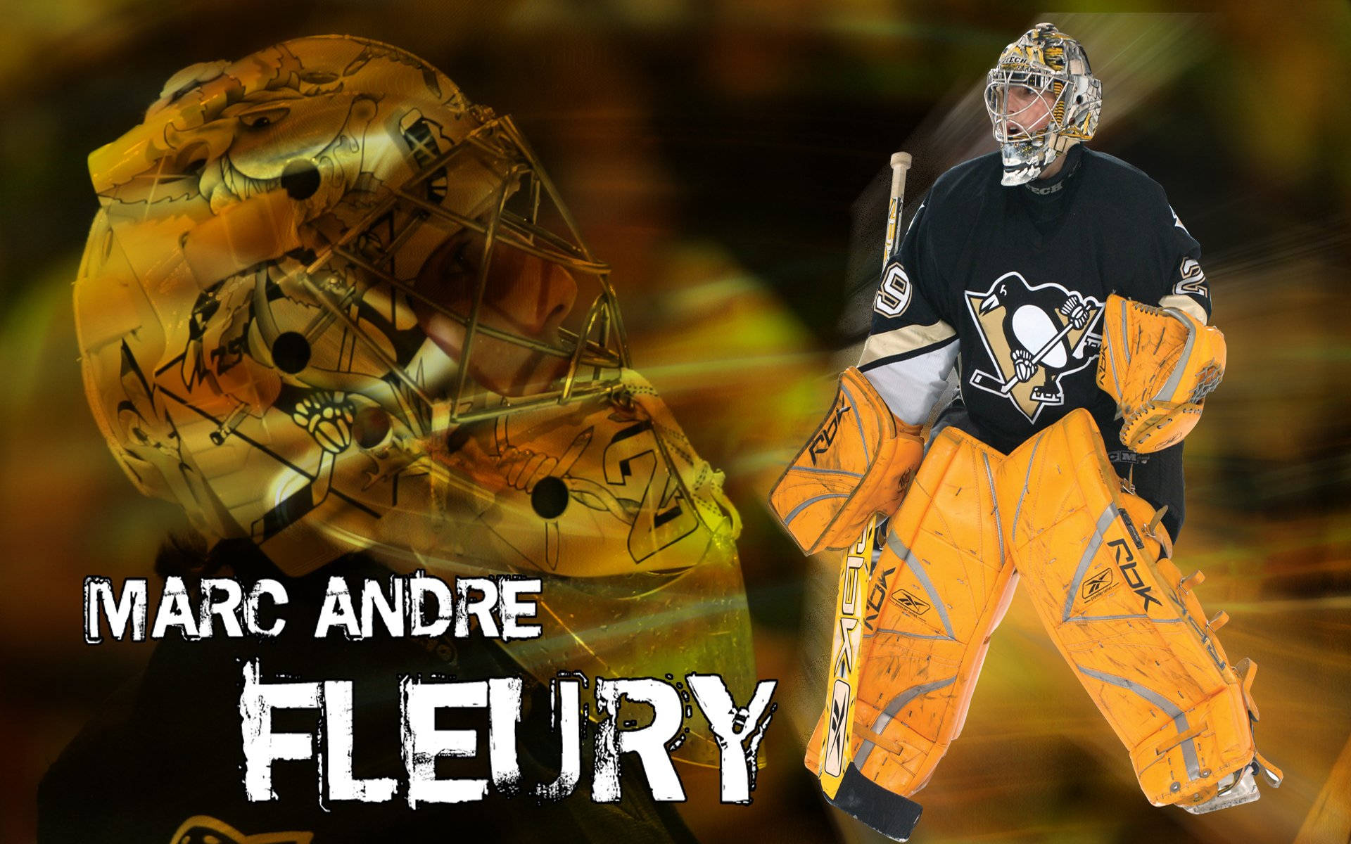 冰球守門員 Marc Andre Fleury 全副裝備，配有金色頭盔圖案。