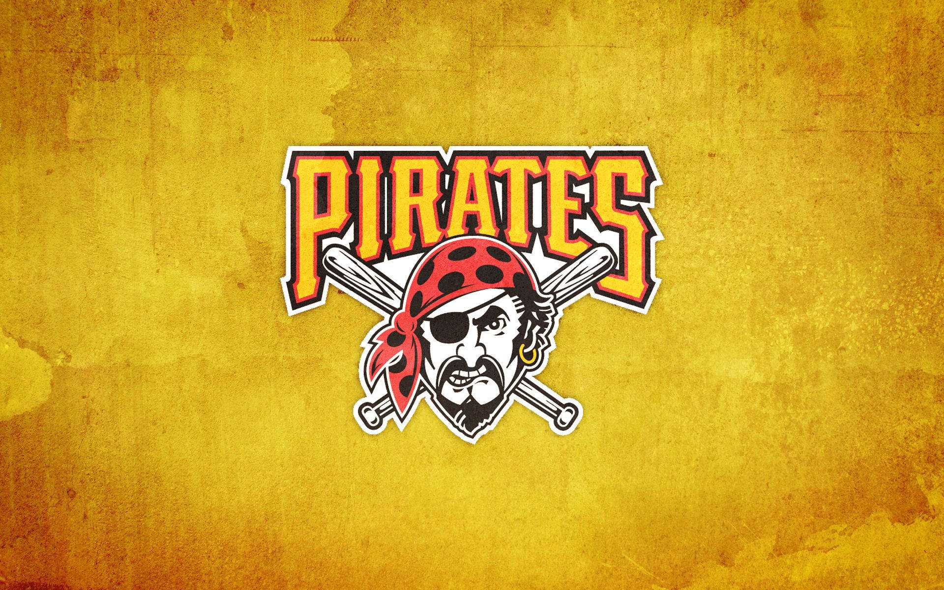 Pirates棒球隊標誌，有海盜面同交叉嘅蝙蝠，喺金色背景上。