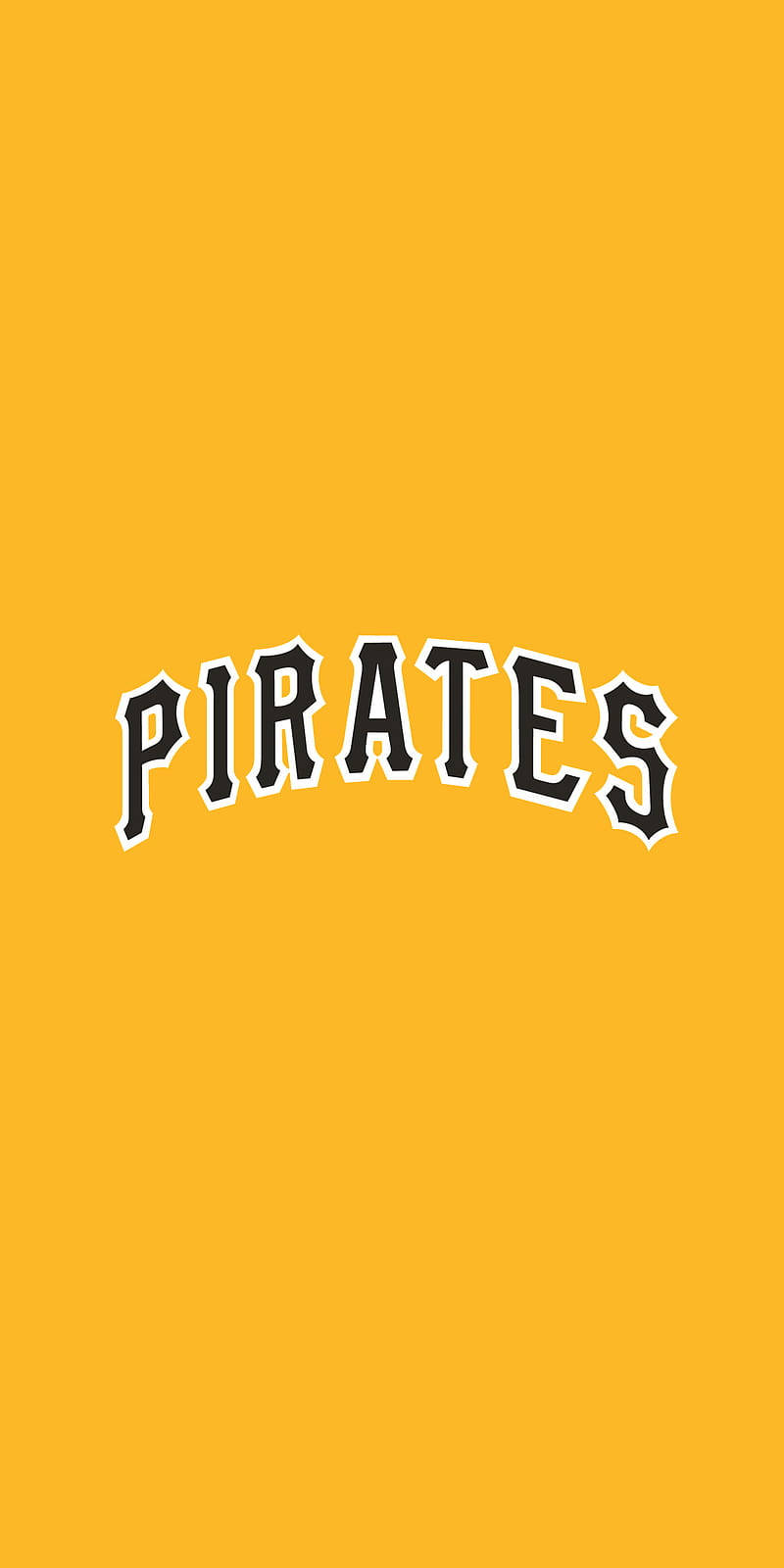 金色背景，帶有白色輪廓的黑色拱形Pirates文字。