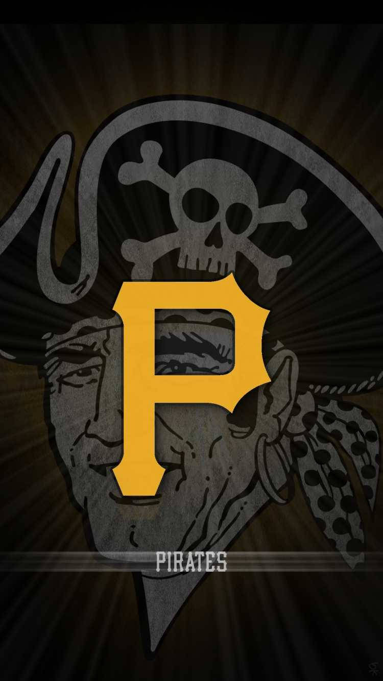 匹茲堡海盜隊標誌配海盜藝術圖案 壁紙 — 一個大膽的黃色「P」標誌疊加在海盜頭骨和帽子上，背景為深色放射狀爆發。