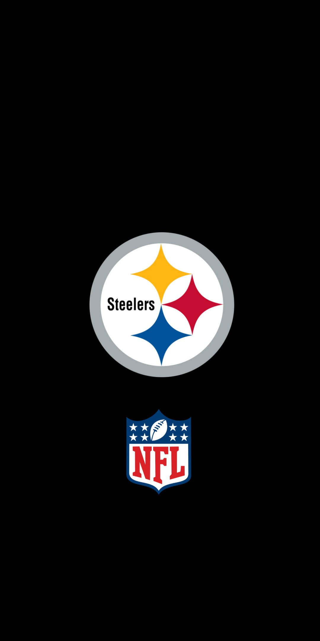 匹茲堡鋼人隊 NFL 隊徽 壁紙 — 匹茲堡鋼人隊標誌和NFL盾牌標誌居中於純黑色背景上。