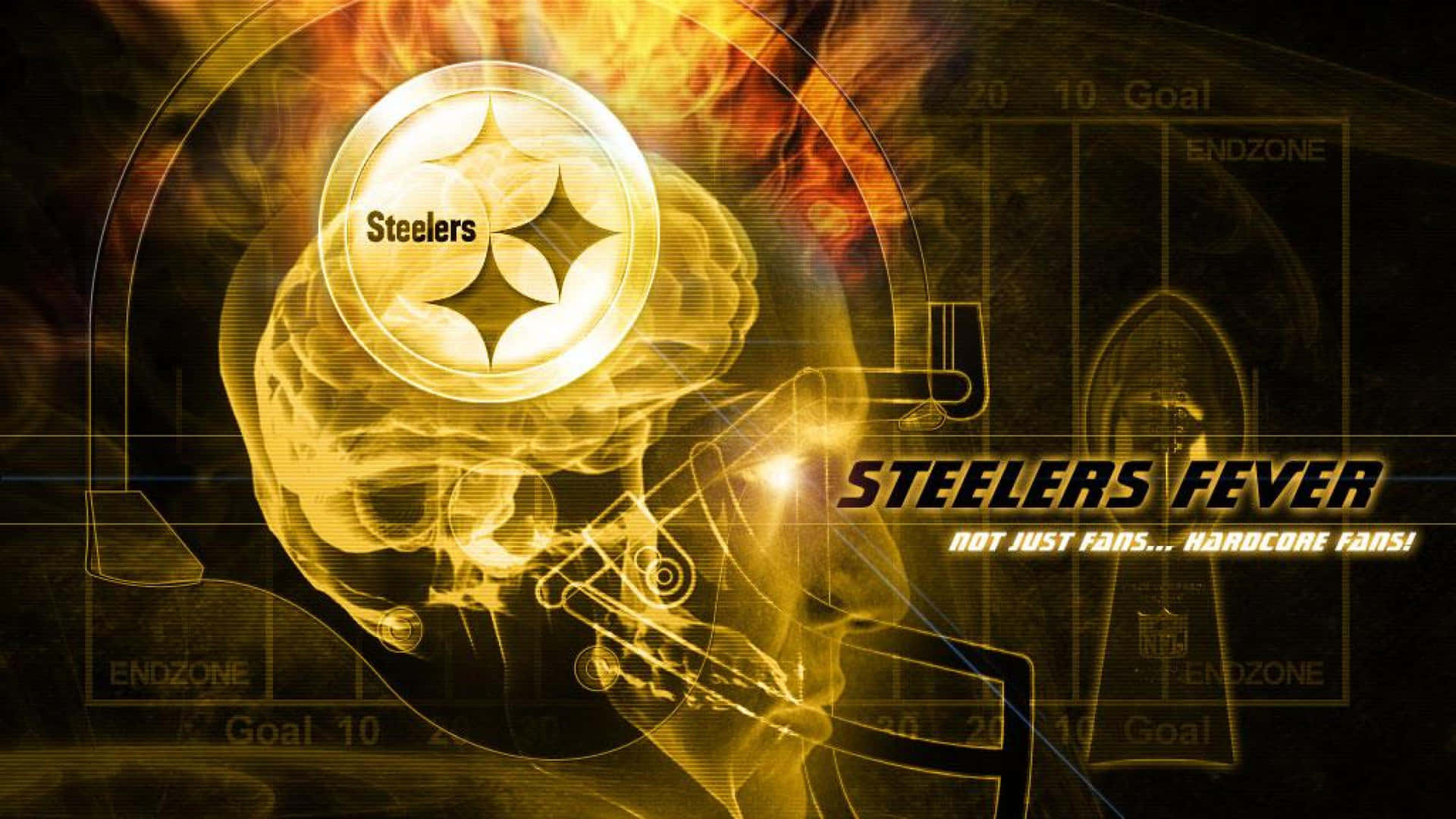 Steelers 粉絲的大腦，帶有發光標誌和火熱黃色的比賽統計數據。