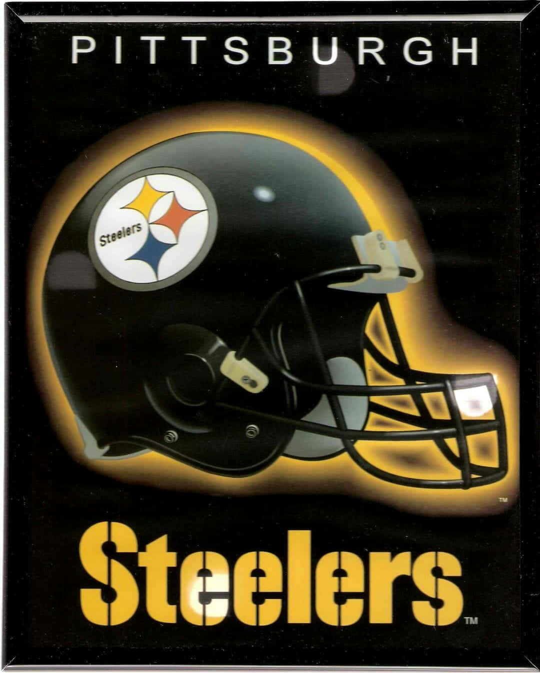 匹茲堡鋼人隊美式足球頭盔，帶有發光金色輪廓和球隊名稱。